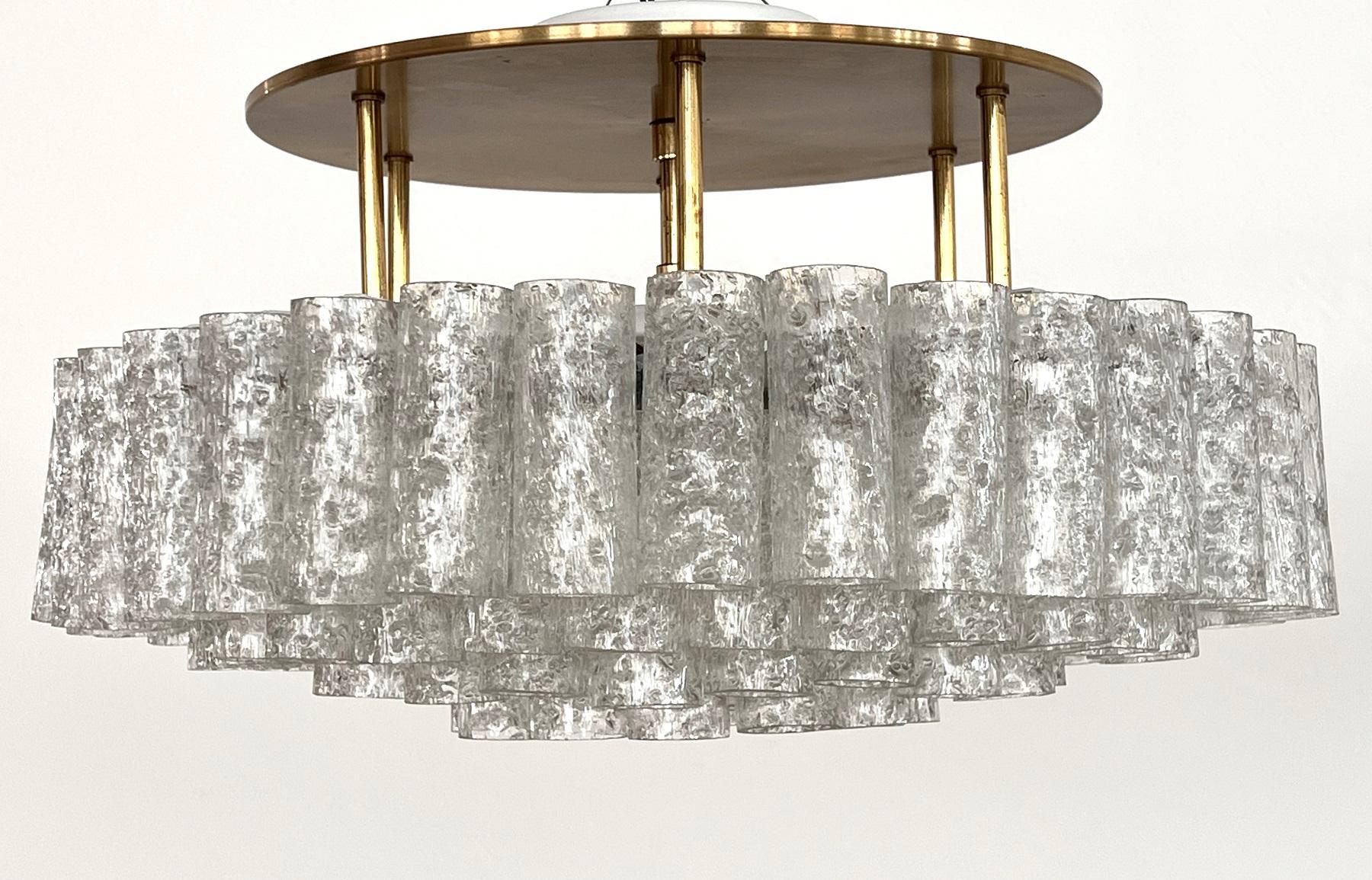 Midcentury Ice Glass and Brass Flush Mount Chandelier by Doria Germany, 1970s For Sale 4