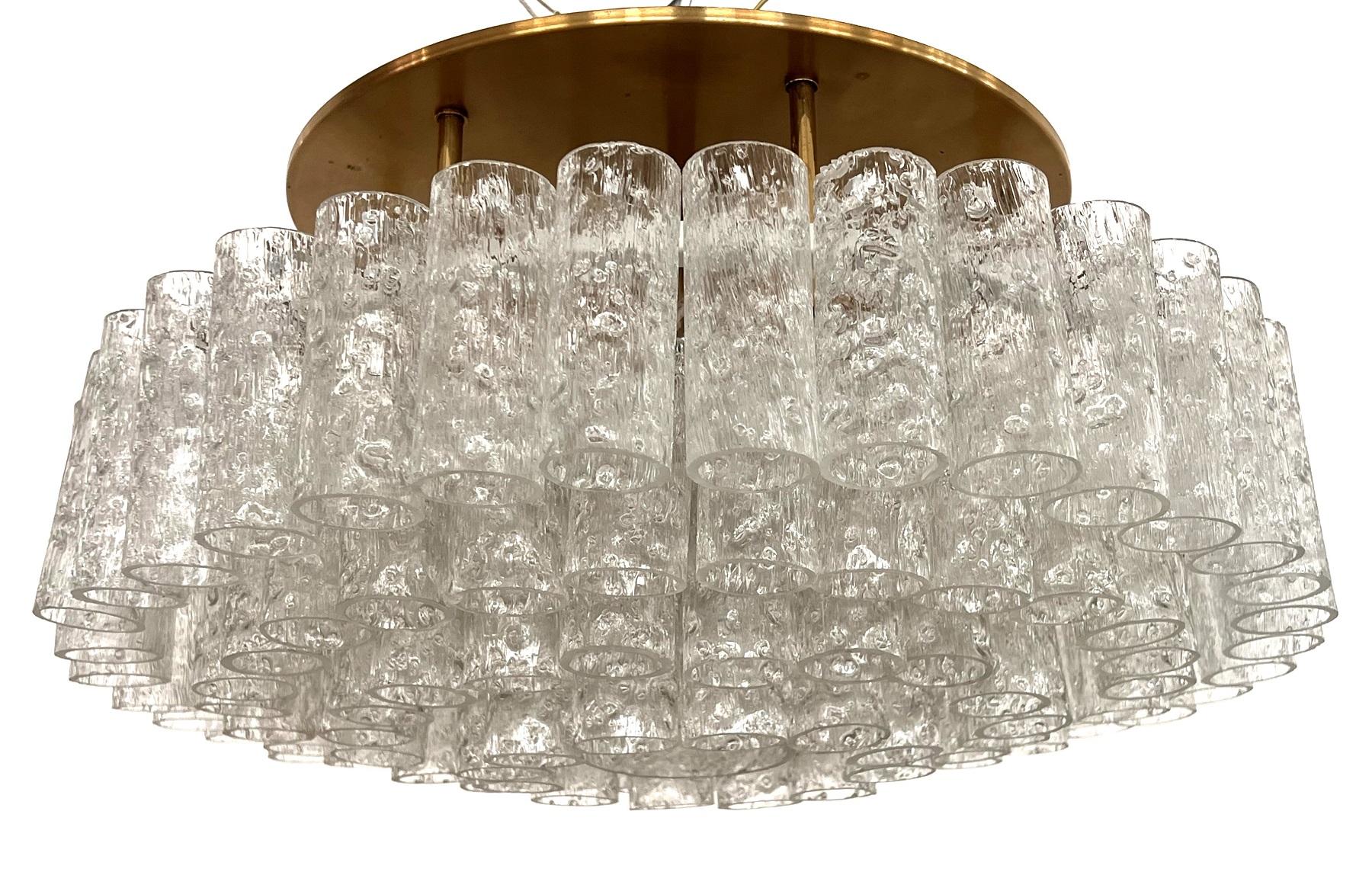 Midcentury Ice Glass and Brass Flush Mount Chandelier by Doria Germany, 1970s For Sale 5