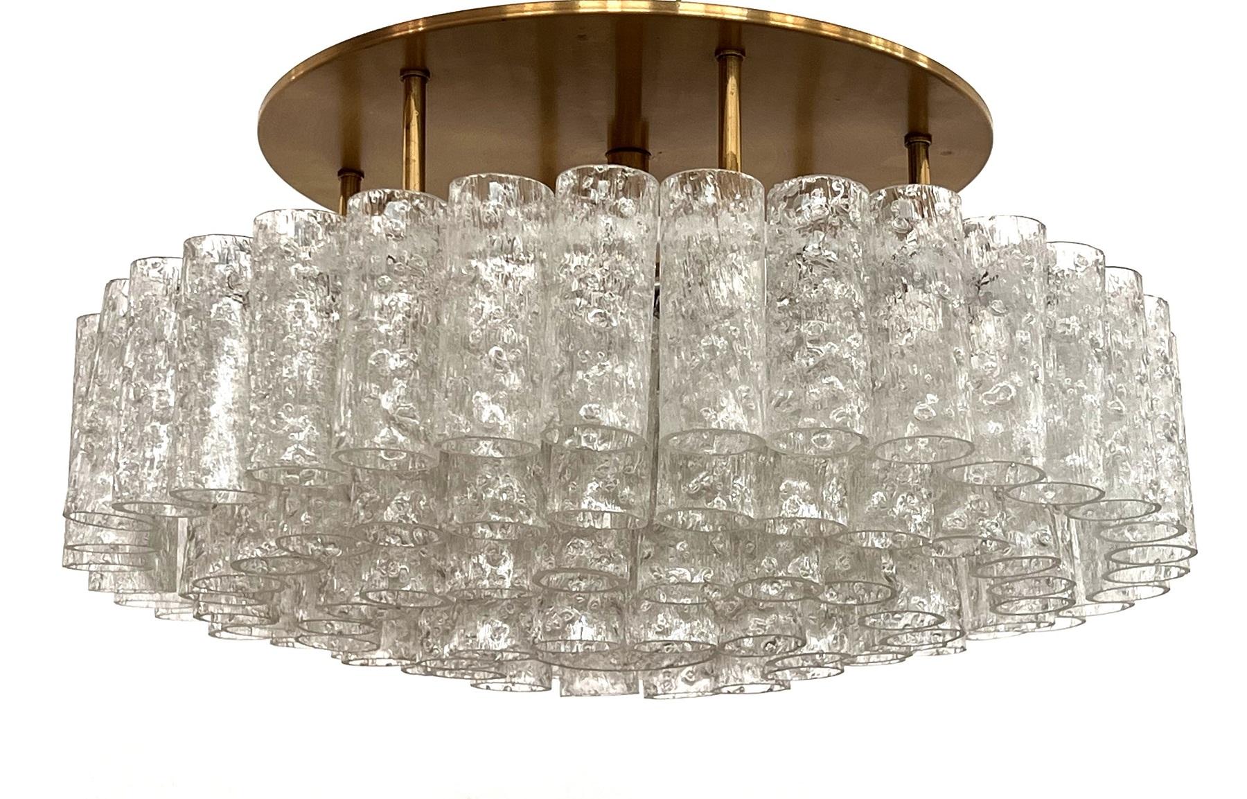 Midcentury Ice Glass and Brass Flush Mount Chandelier by Doria Germany, 1970s For Sale 11