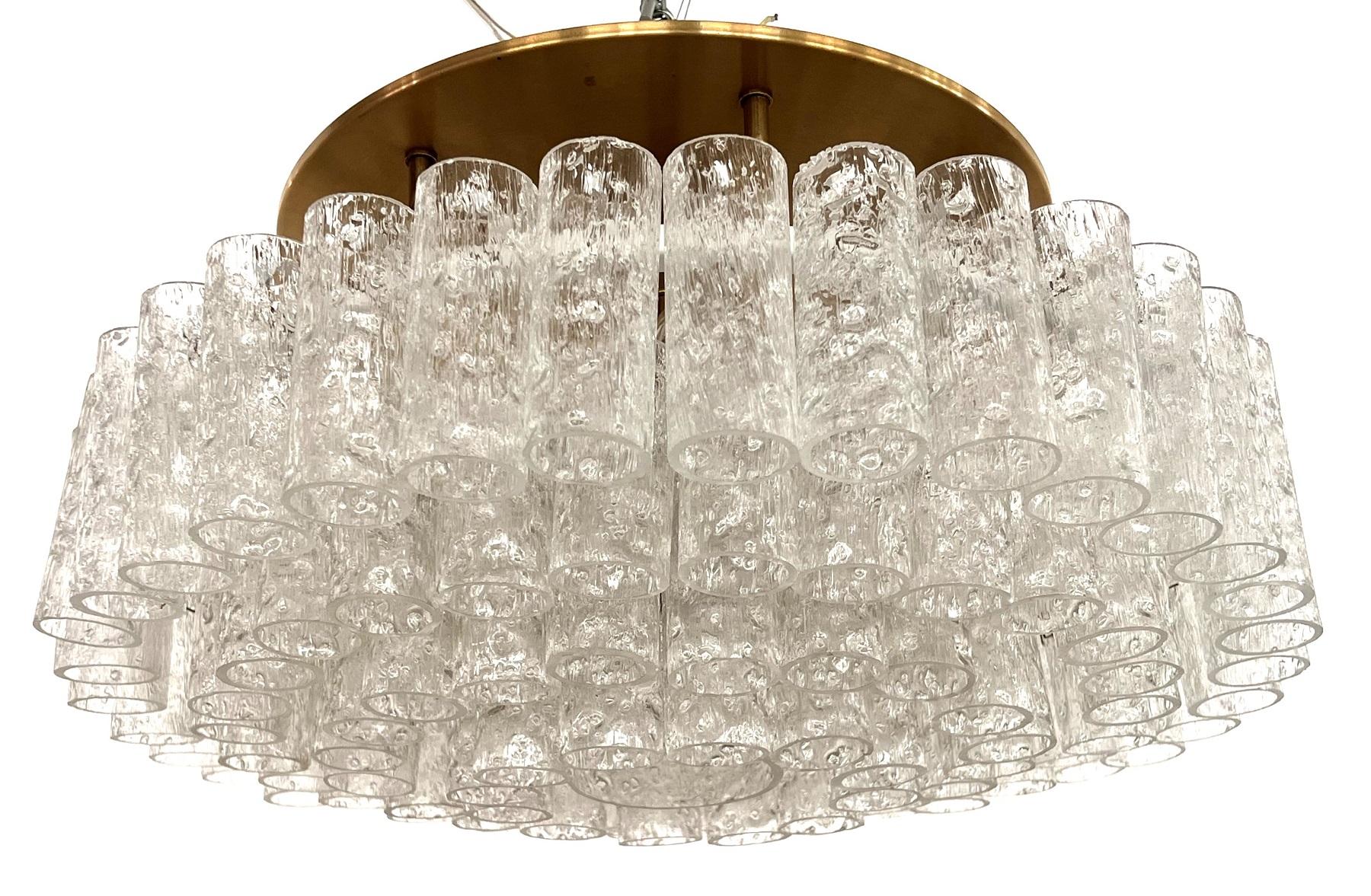Midcentury Ice Glass and Brass Flush Mount Chandelier by Doria Germany, 1970s For Sale 12