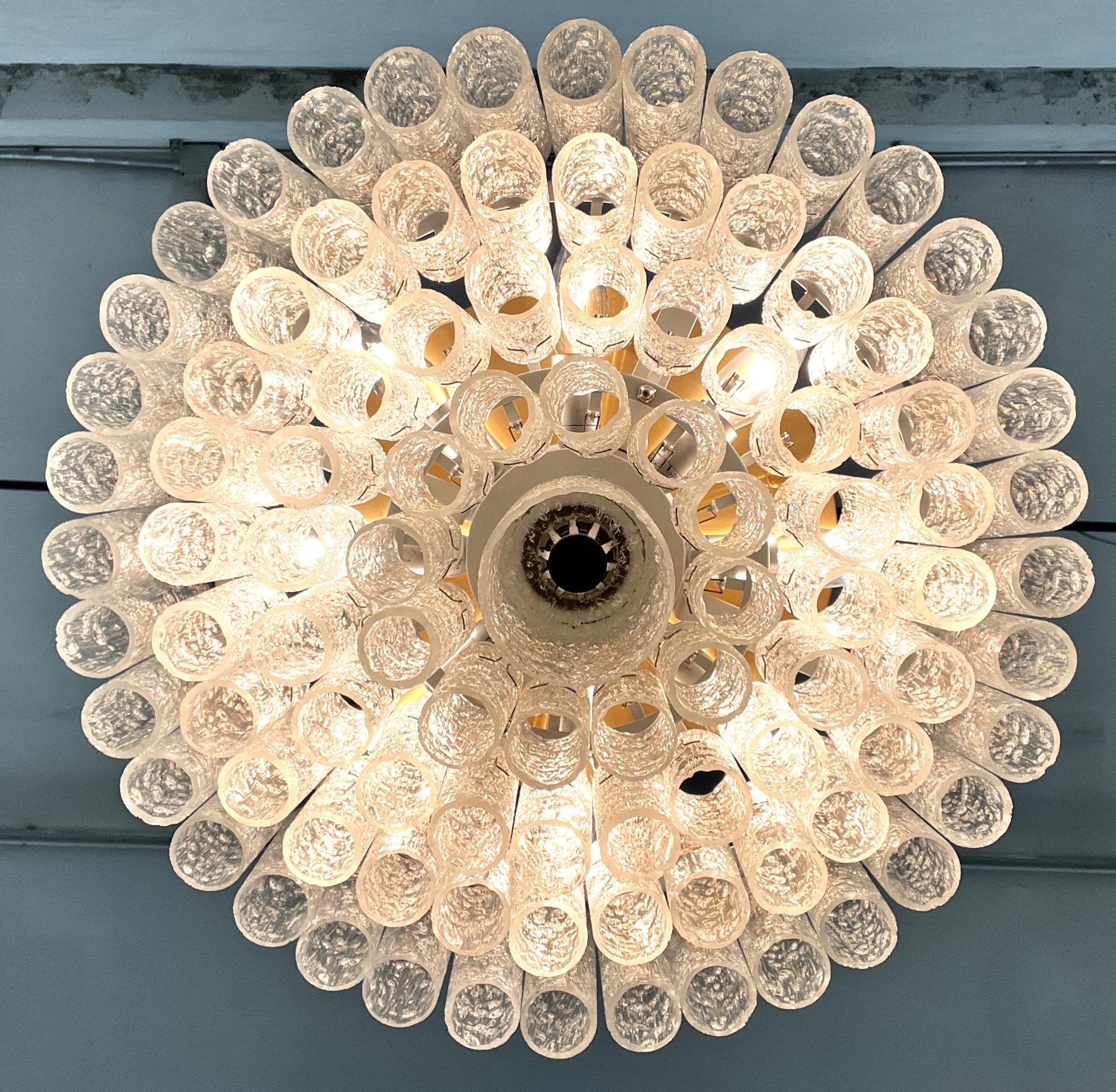 Metal Midcentury Ice Glass and Brass Flush Mount Chandelier by Doria Germany, 1970s For Sale