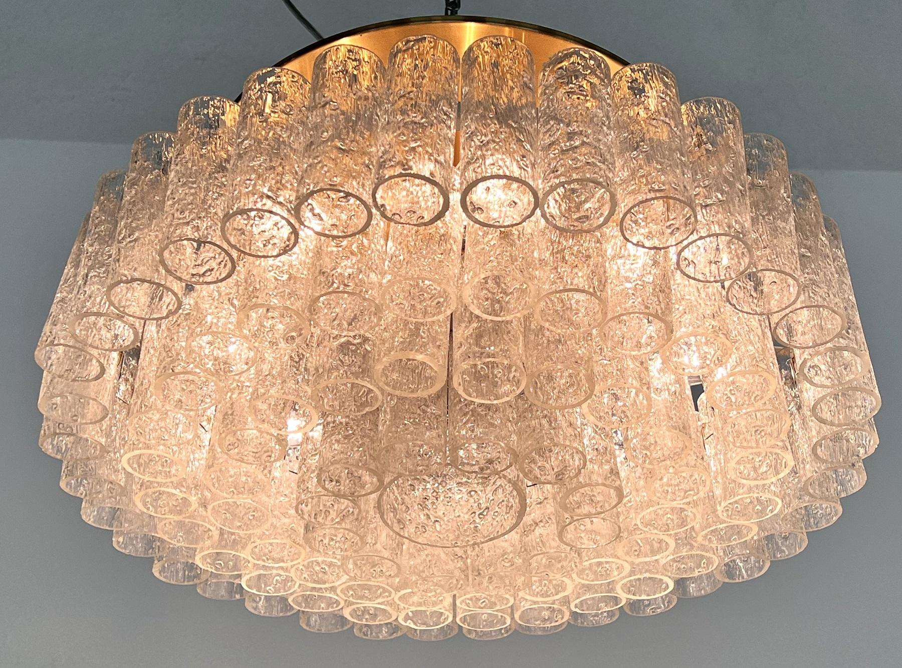 Midcentury Ice Glass and Brass Flush Mount Chandelier by Doria Germany, 1970s For Sale 1