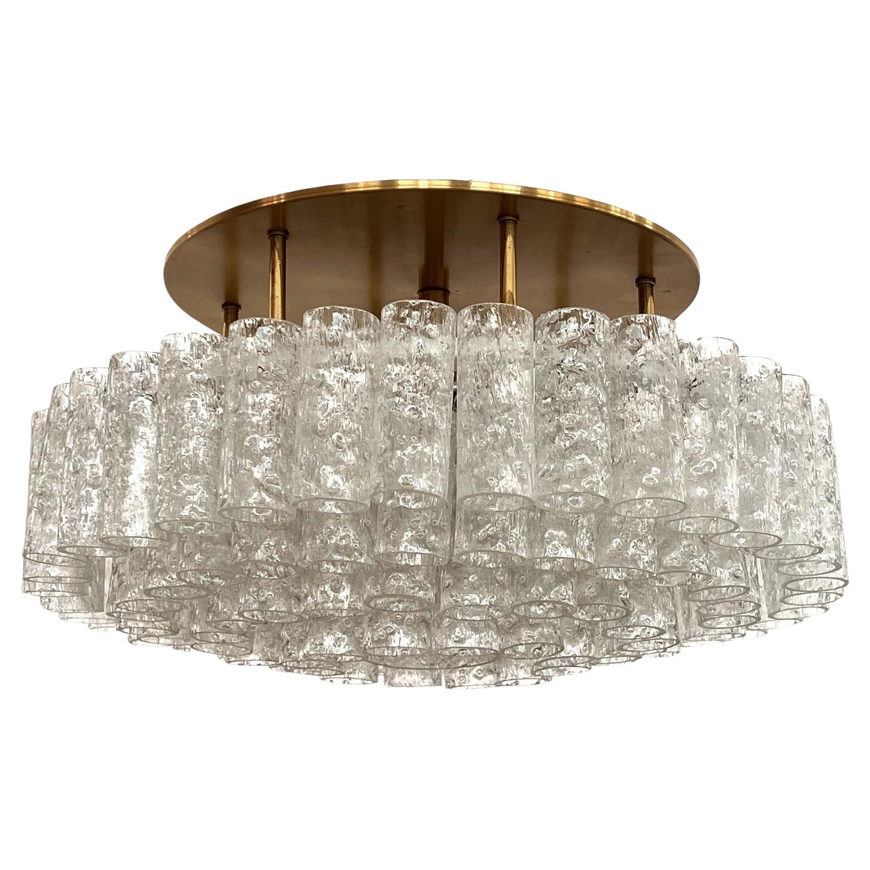 Midcentury Ice Glass and Brass Flush Mount Chandelier by Doria Germany, 1970s For Sale