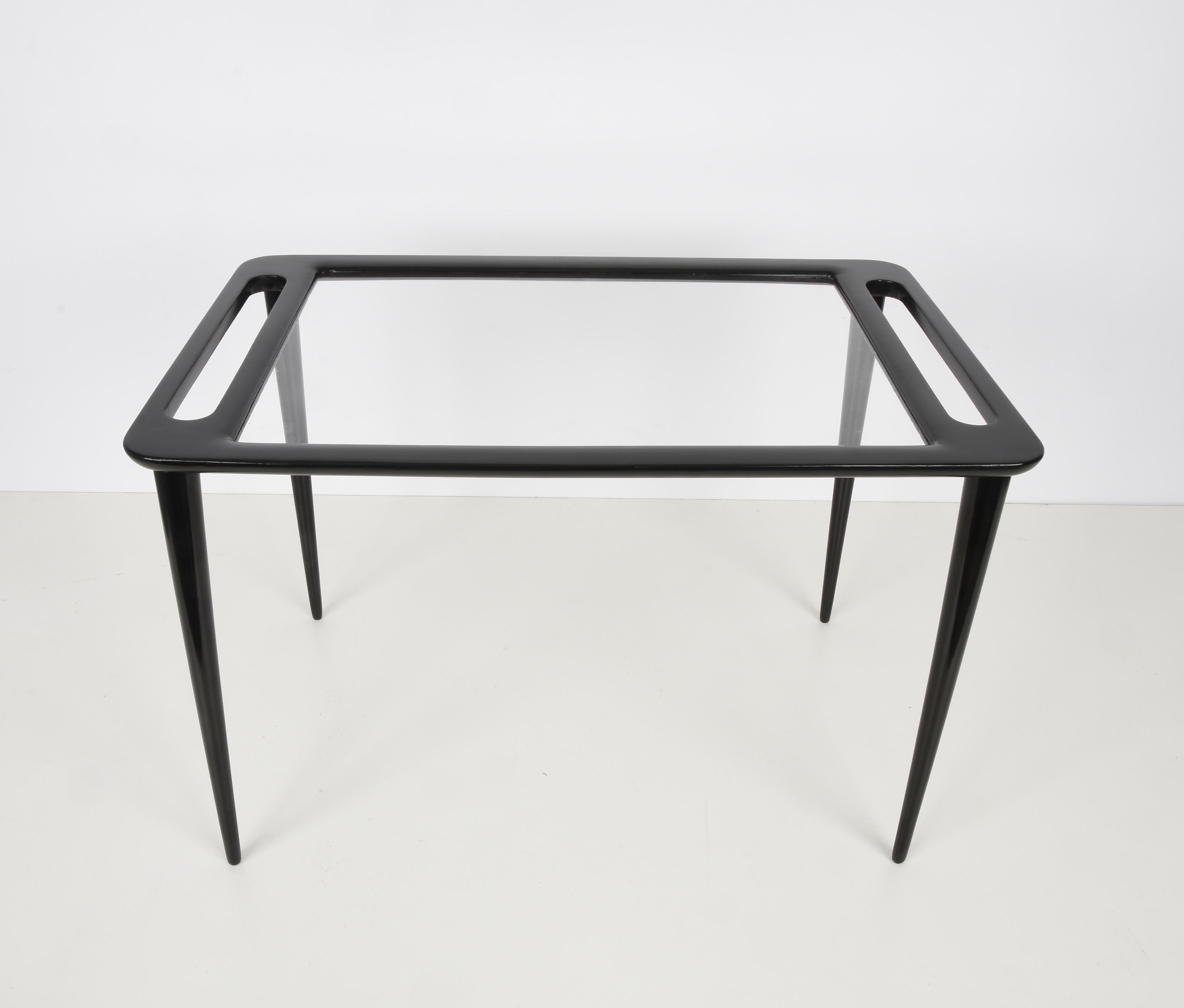 Mesa baja de madera ebonizada Ico Parisi de mediados de siglo con cristal, años 50 Moderno de mediados de siglo en venta
