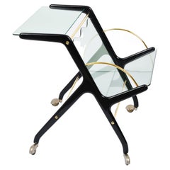 Midcentury Ico Parisi Glass and Walnut Italian Magazine Rack with Wheels, 1950s