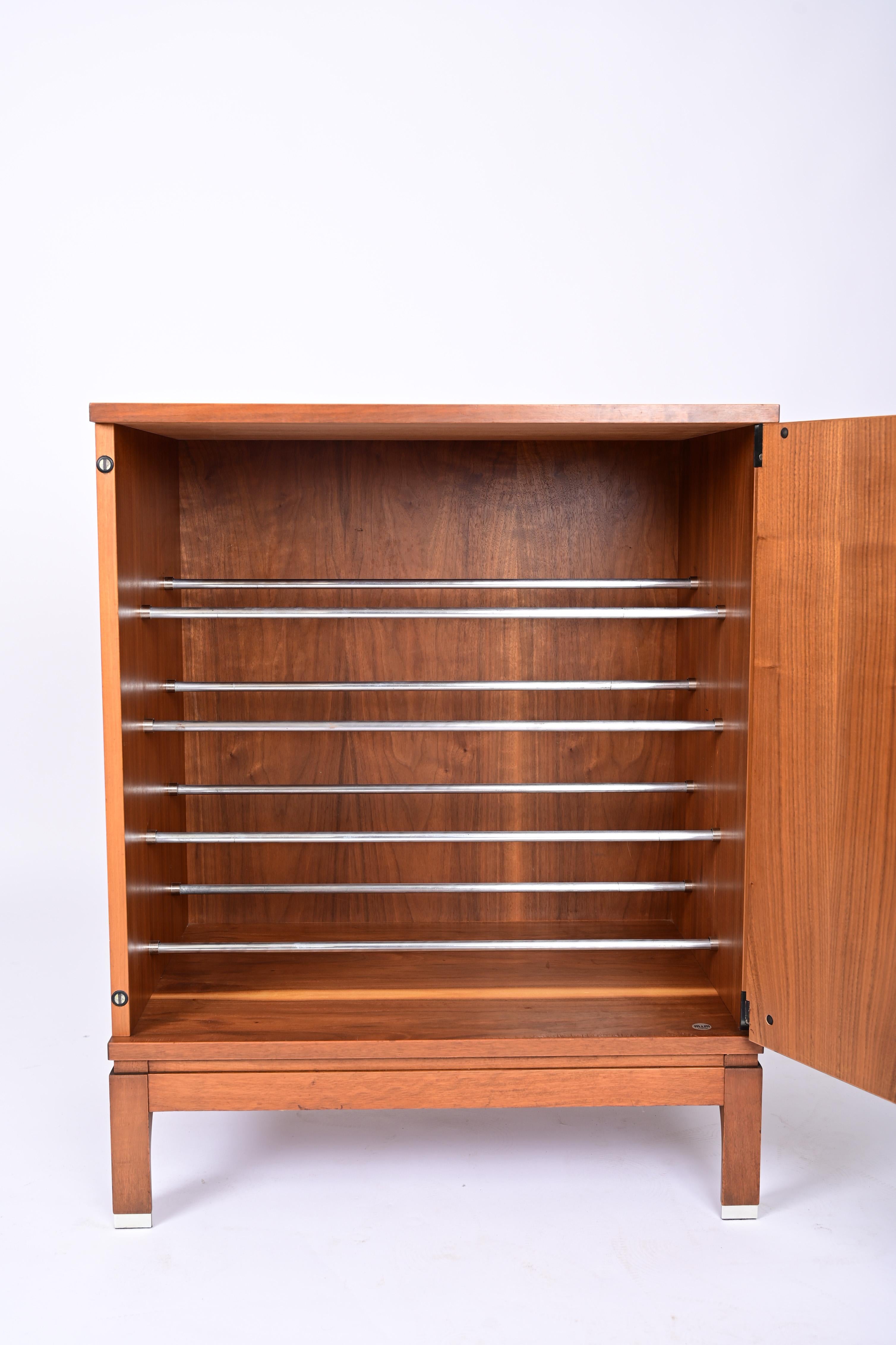 20th Century Midcentury Ico Parisi Walnut Wood and Aluminium Italian Shoe Rack, Mim Roma 1960