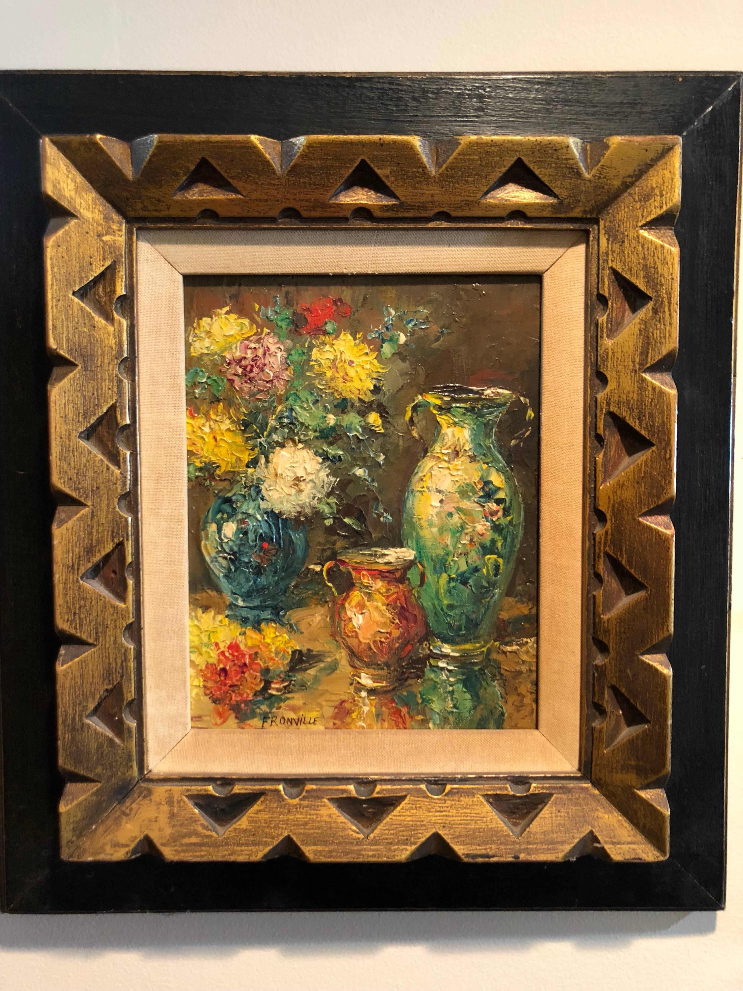 Midcentury Impasto still life by Constant Fronville. A listed and well-known Canadian artist. It is signed lower right hand corner. Nice heavy impasto style oil on canvas. Linen matted and pretty double banded solid wooden hand-carved vintage frame.