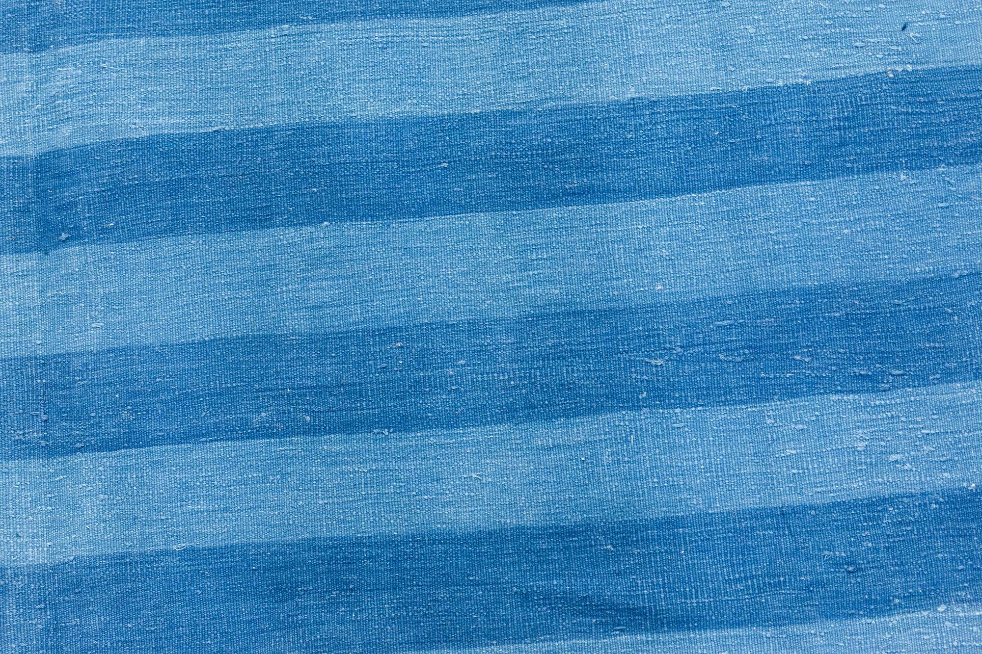 Mid-Century Modern Midcentury Indian Dhurrie Striped Blue Cotton Rug For Sale