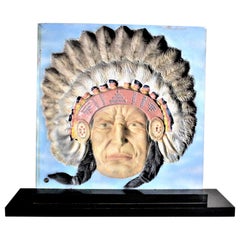 Midcentury Indigenous Chief Intaglio Cold-Painted Figurative Sculpture & Stand