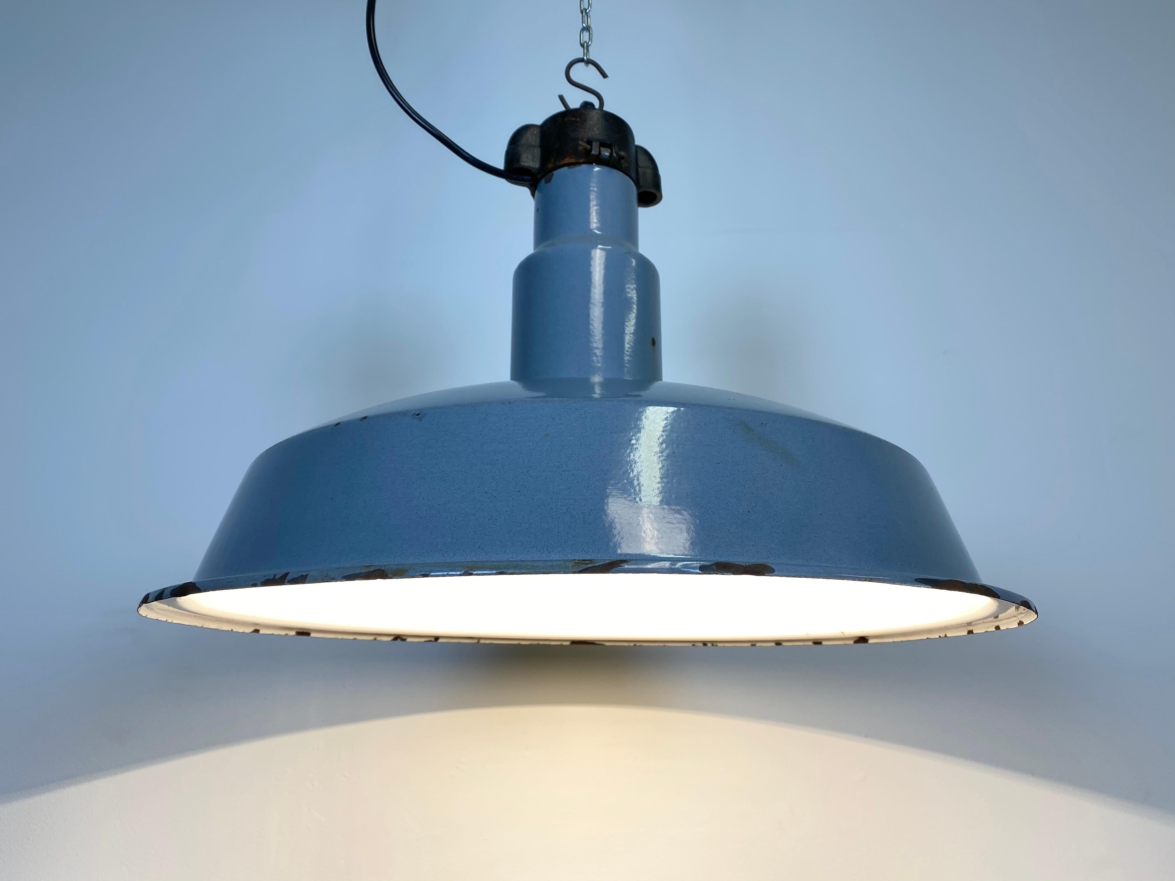 Iron Midcentury Industrial Grey Enameled Factory Lamp, 1950s