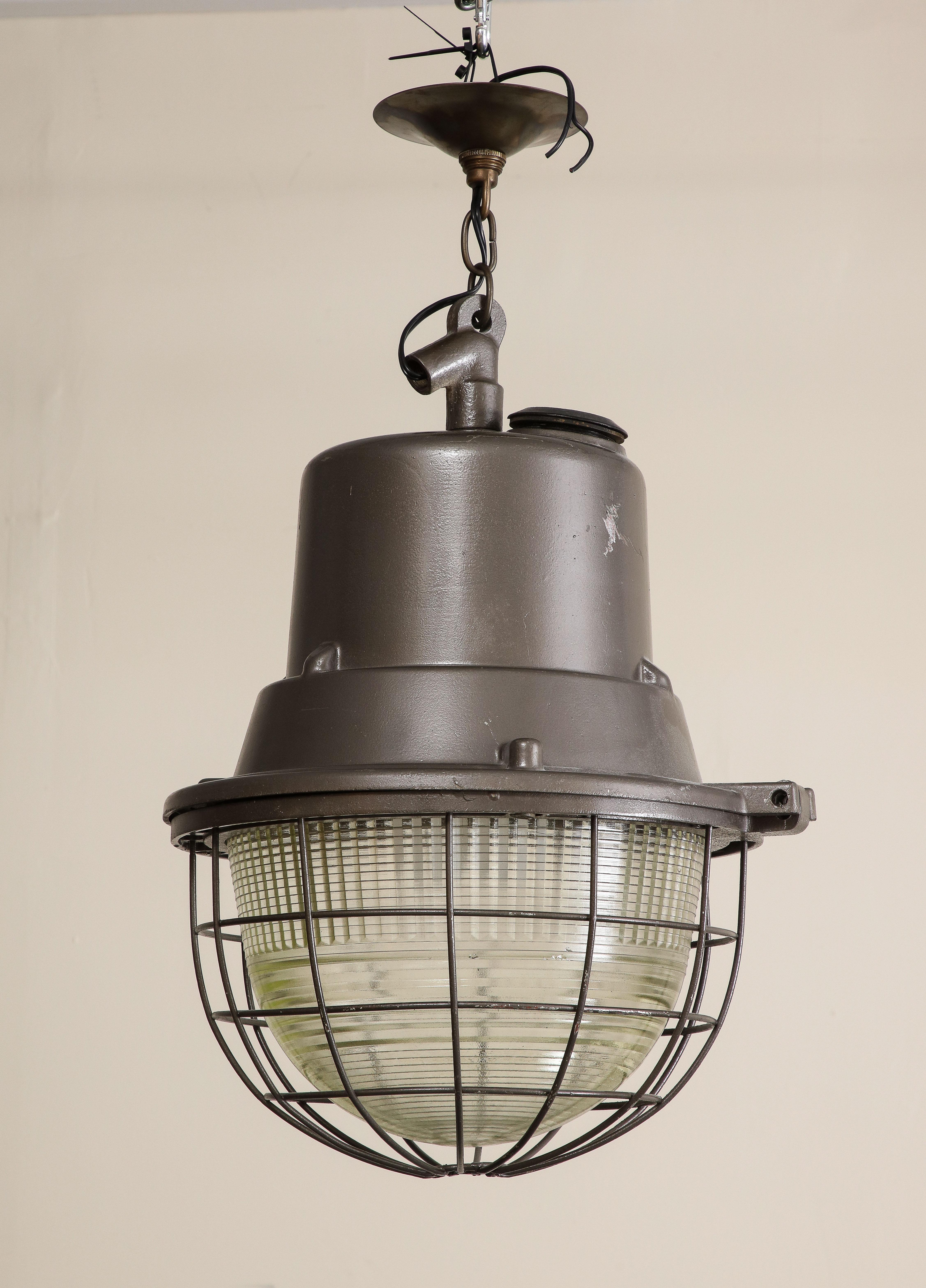 Industrial Pendant Light with Original Glass, c. 1940 In Good Condition For Sale In Chicago, IL