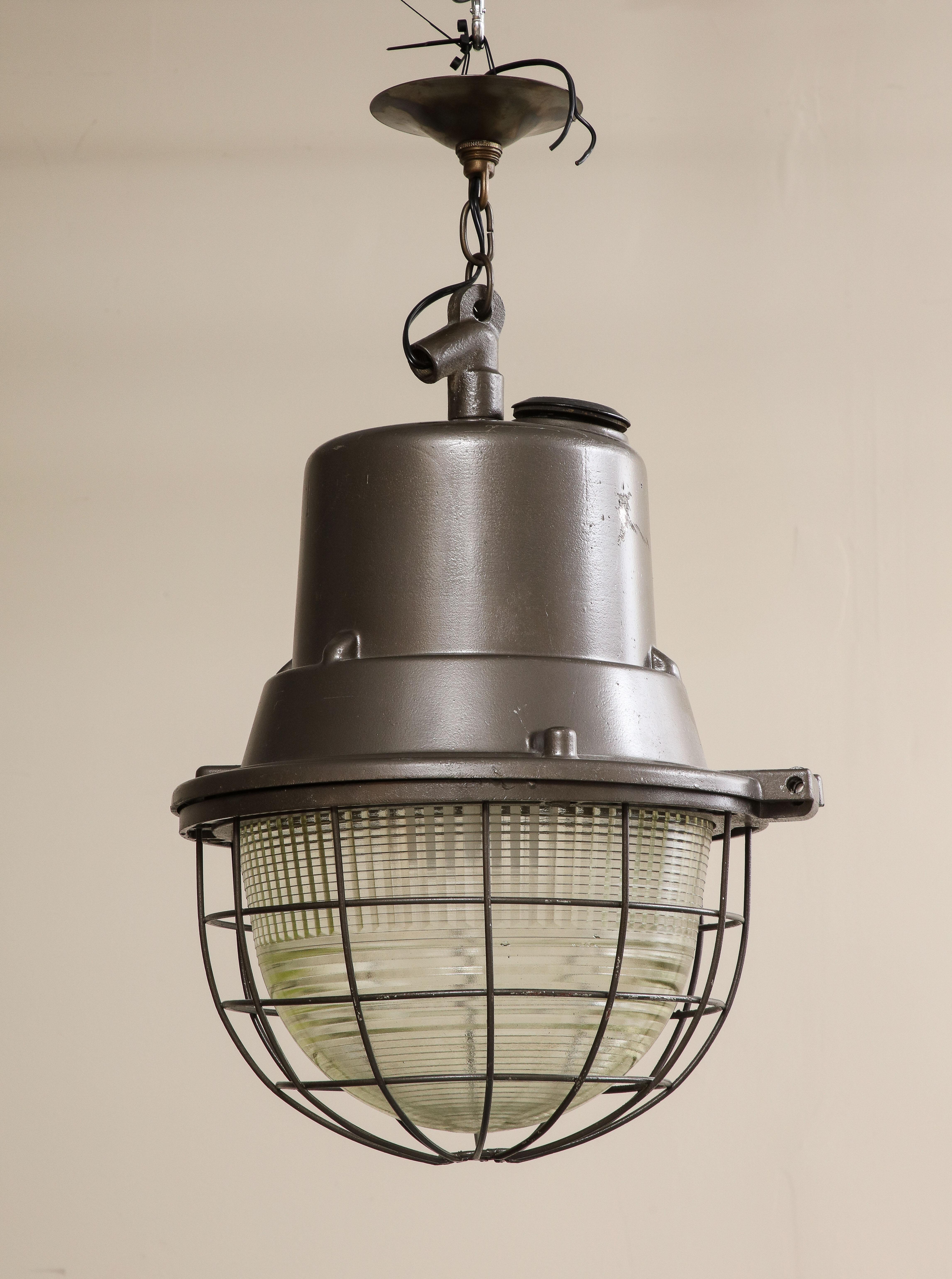 Mid-20th Century Industrial Pendant Light with Original Glass, c. 1940 For Sale