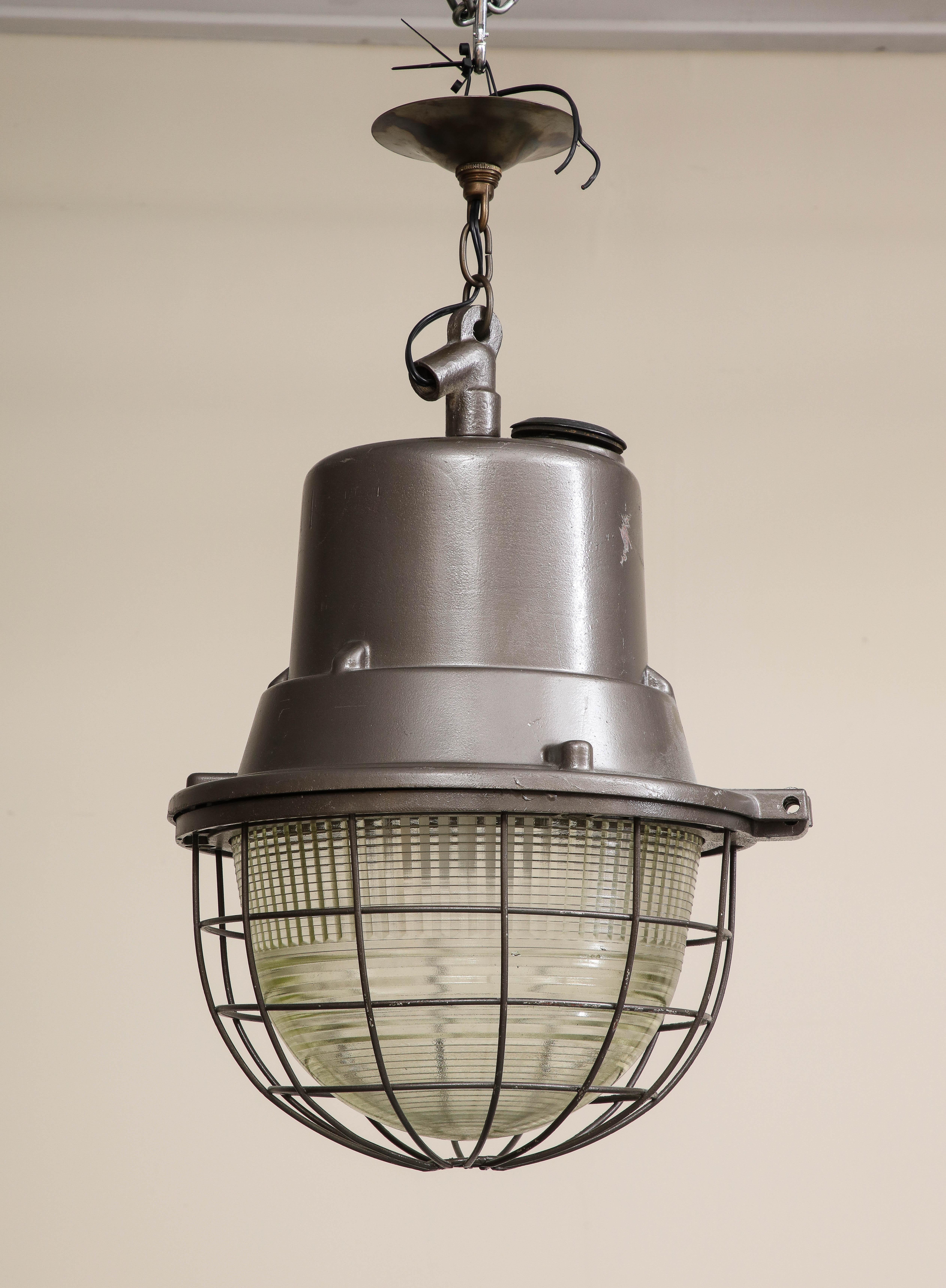 Metal Industrial Pendant Light with Original Glass, c. 1940 For Sale