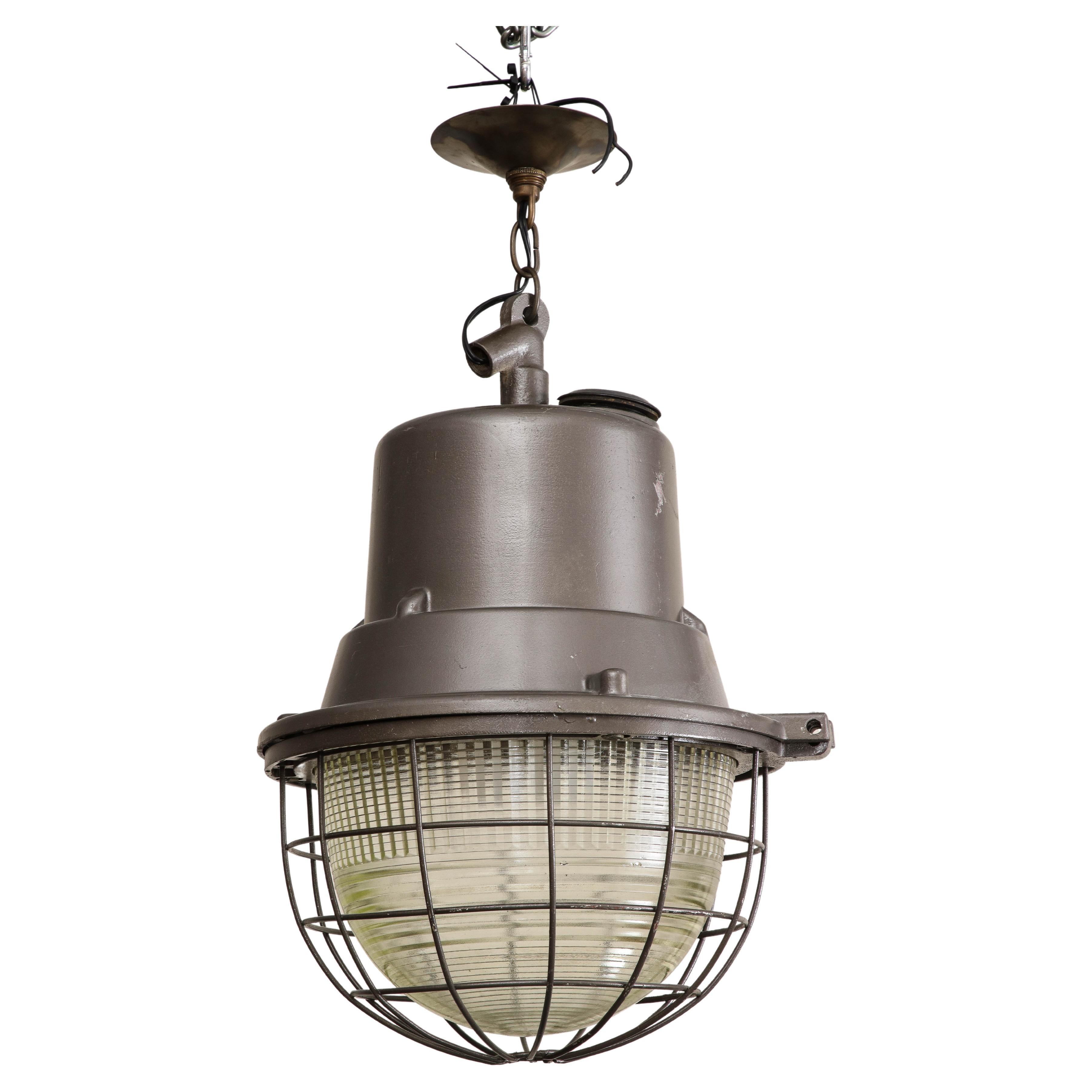 Industrial Pendant Light with Original Glass, c. 1940 For Sale