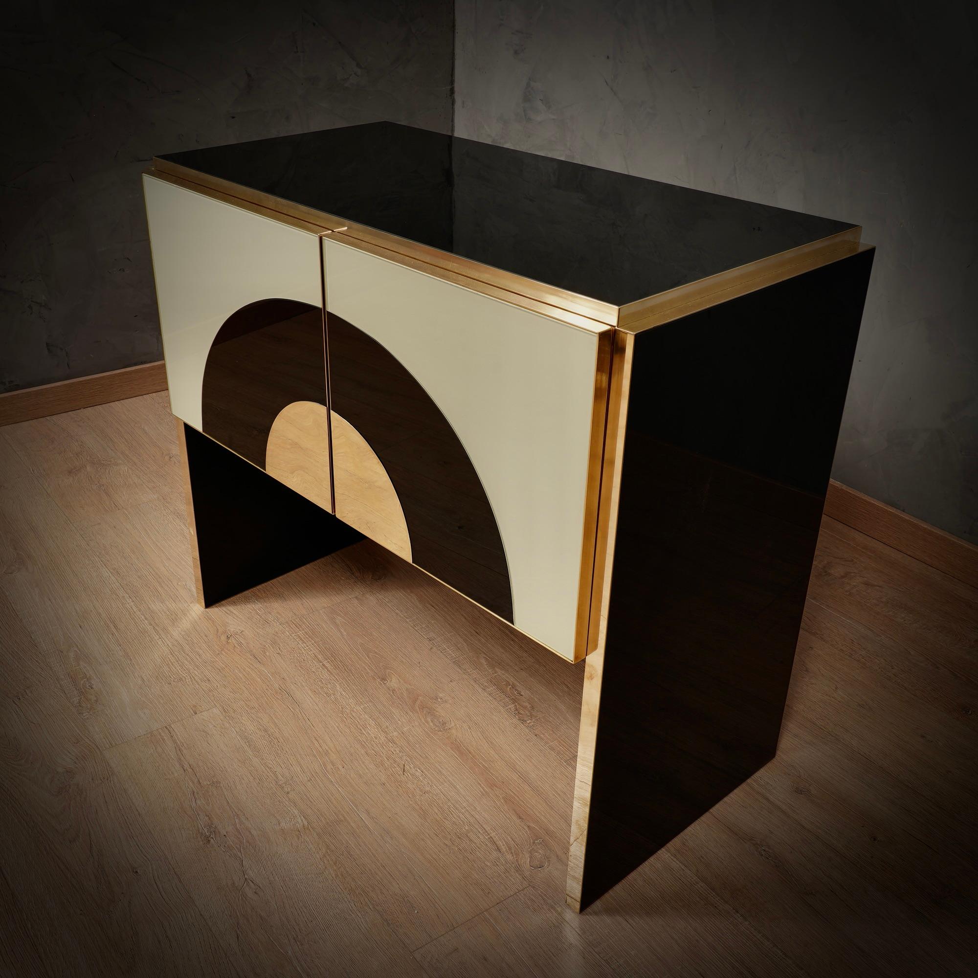 MidCentury Inspired Cream and Black Glass with Brass Italian Sideboard, 2000 5