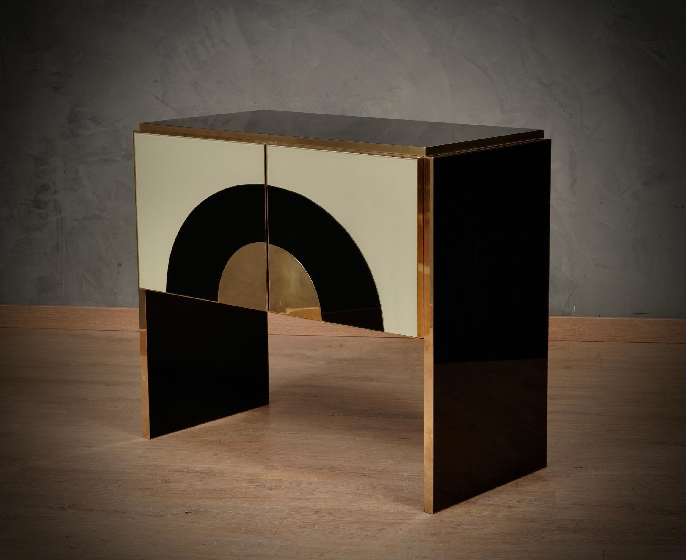MidCentury Inspired Cream and Black Glass with Brass Italian Sideboard, 2000 6