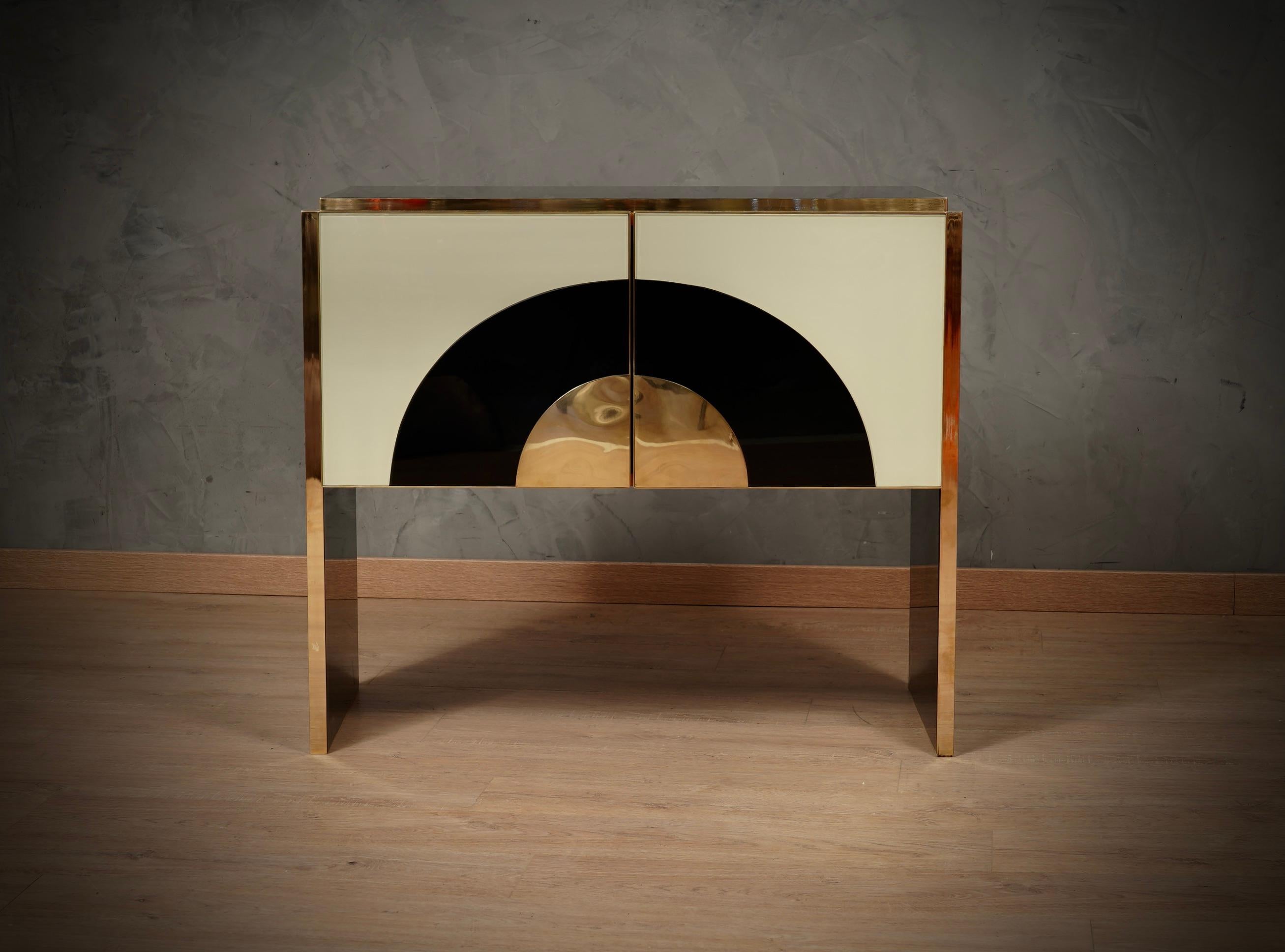 Mid-Century Modern MidCentury Inspired Cream and Black Glass with Brass Italian Sideboard, 2000
