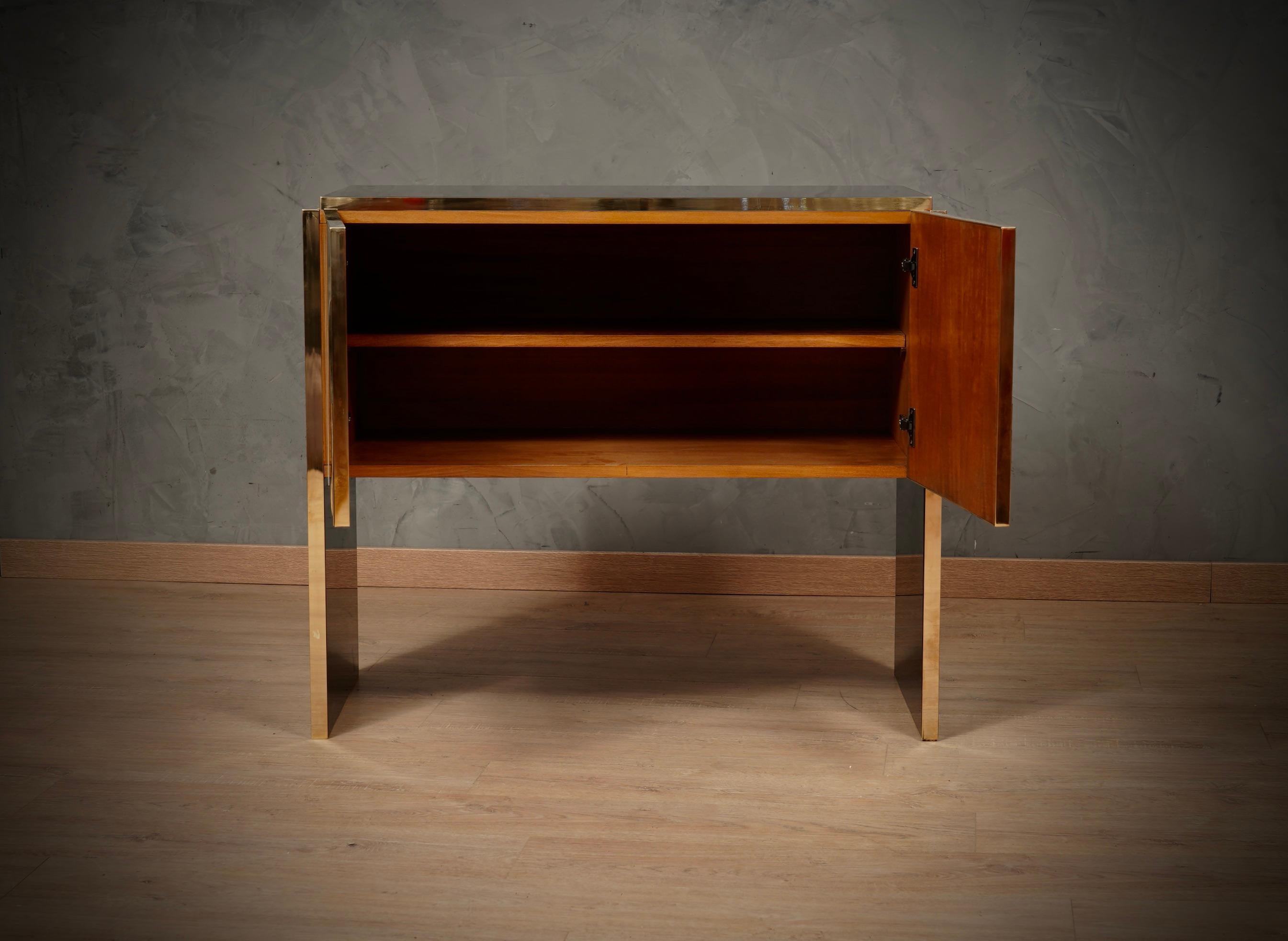 MidCentury Inspired Cream and Black Glass with Brass Italian Sideboard, 2000 In Good Condition In Rome, IT