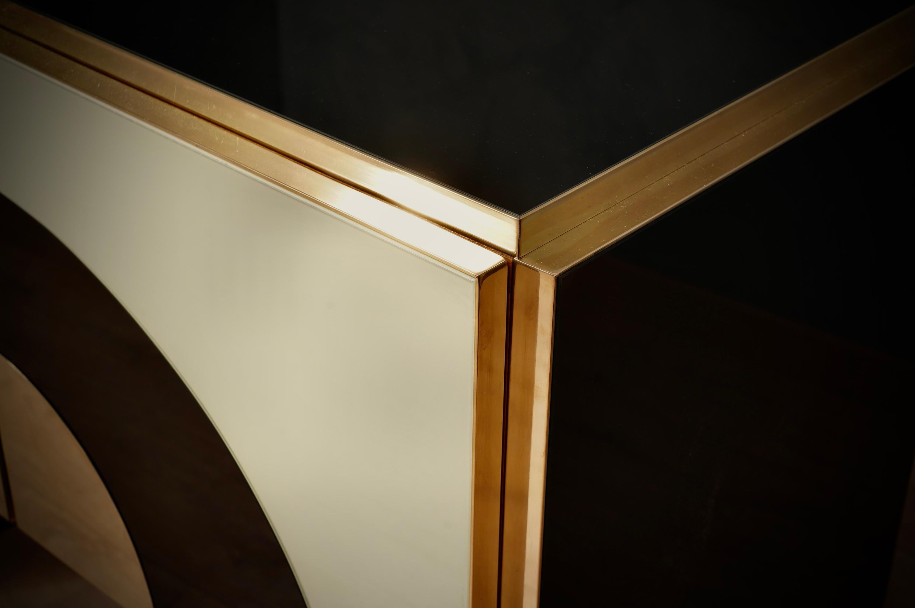 MidCentury Inspired Cream and Black Glass with Brass Italian Sideboard, 2000 1
