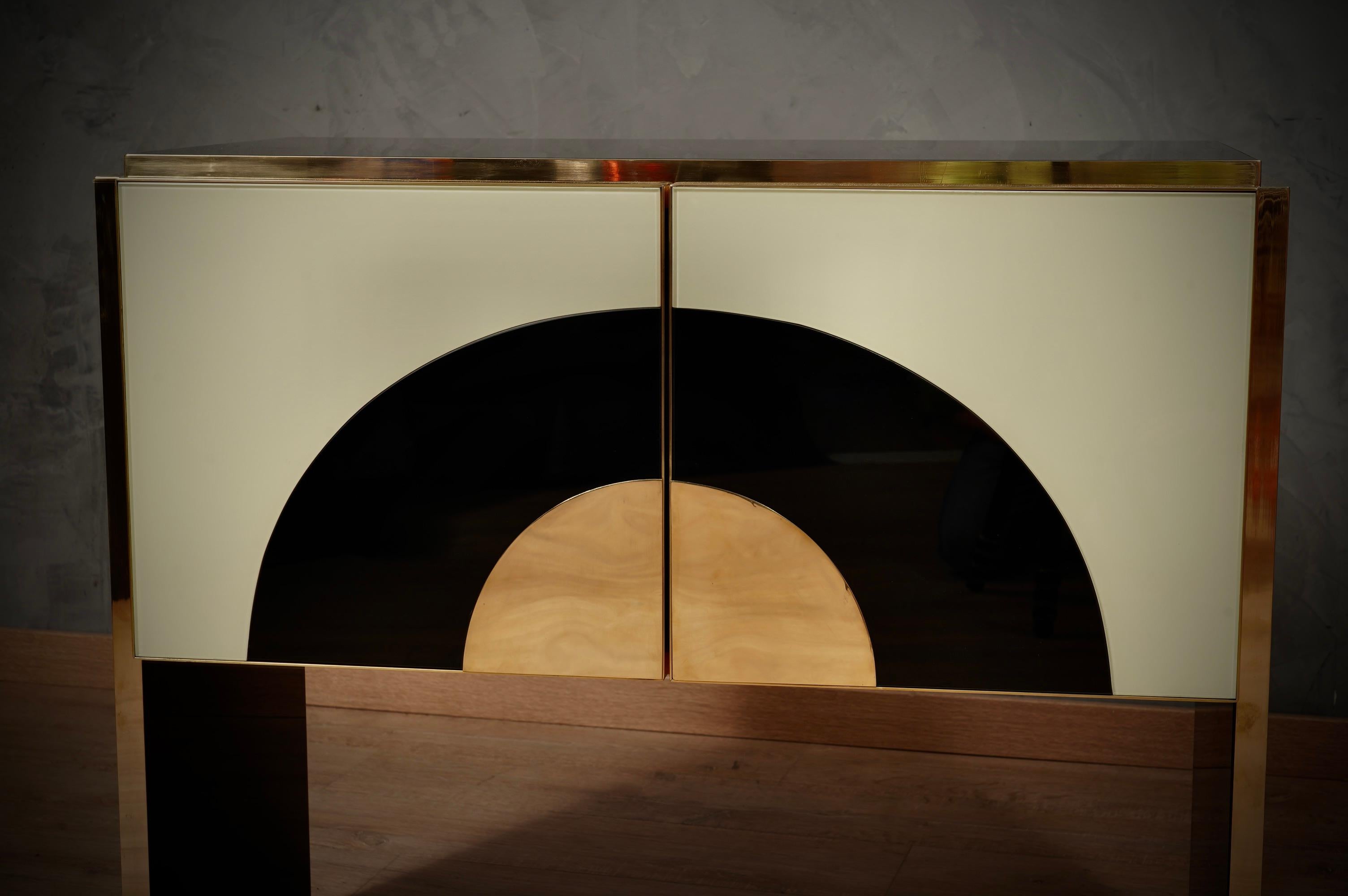 MidCentury Inspired Cream and Black Glass with Brass Italian Sideboard, 2000 2
