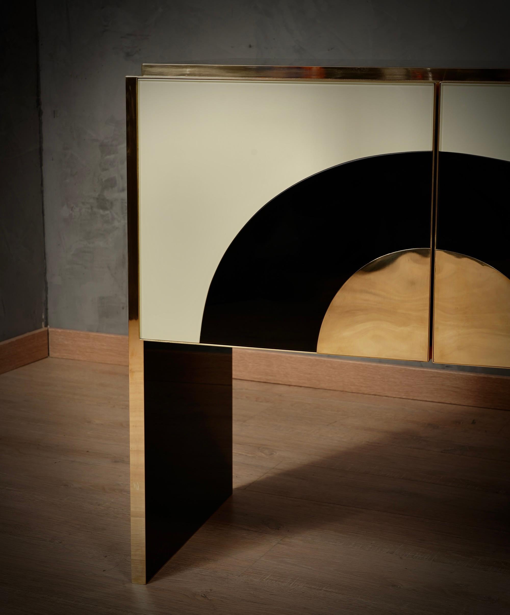 MidCentury Inspired Cream and Black Glass with Brass Italian Sideboard, 2000 3