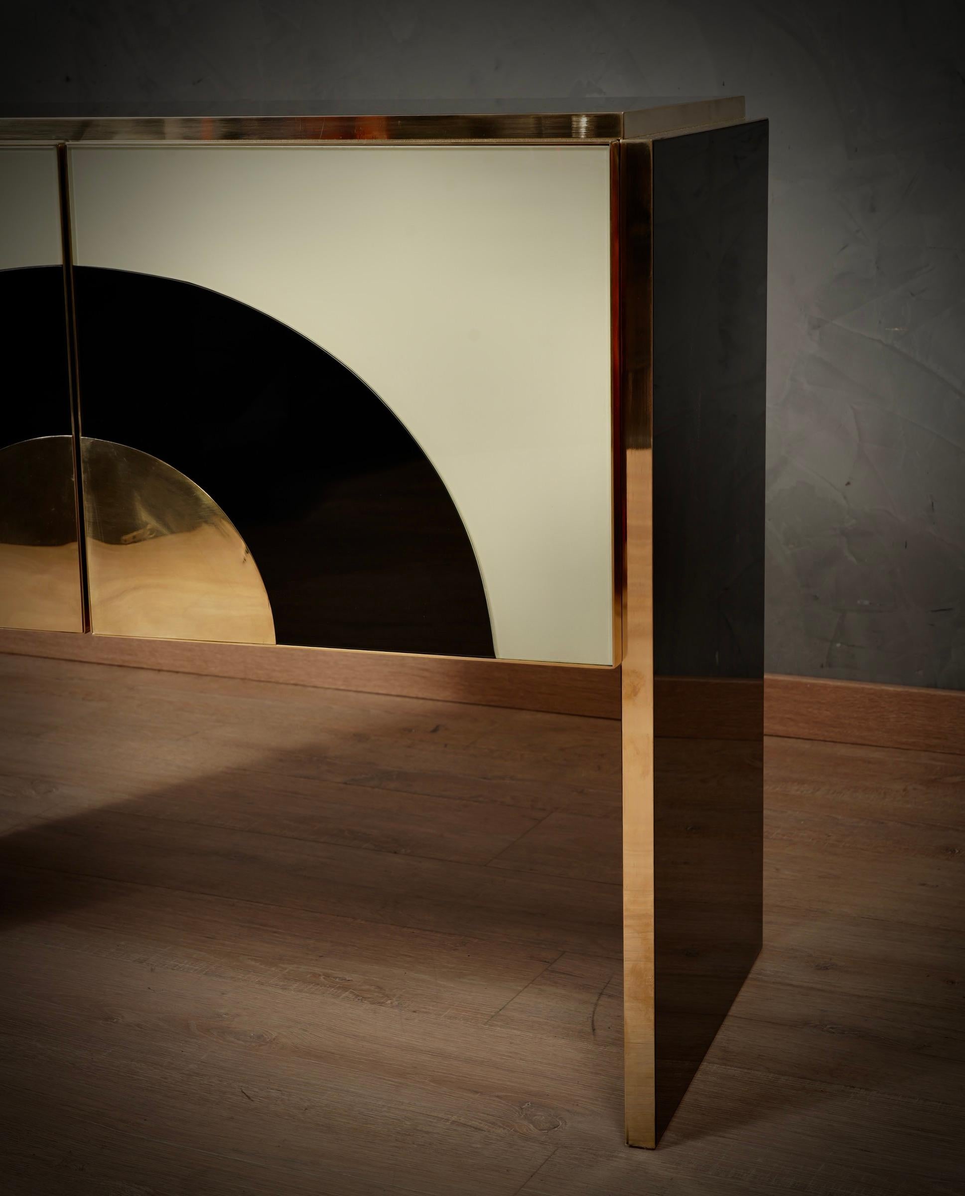 MidCentury Inspired Cream and Black Glass with Brass Italian Sideboard, 2000 4