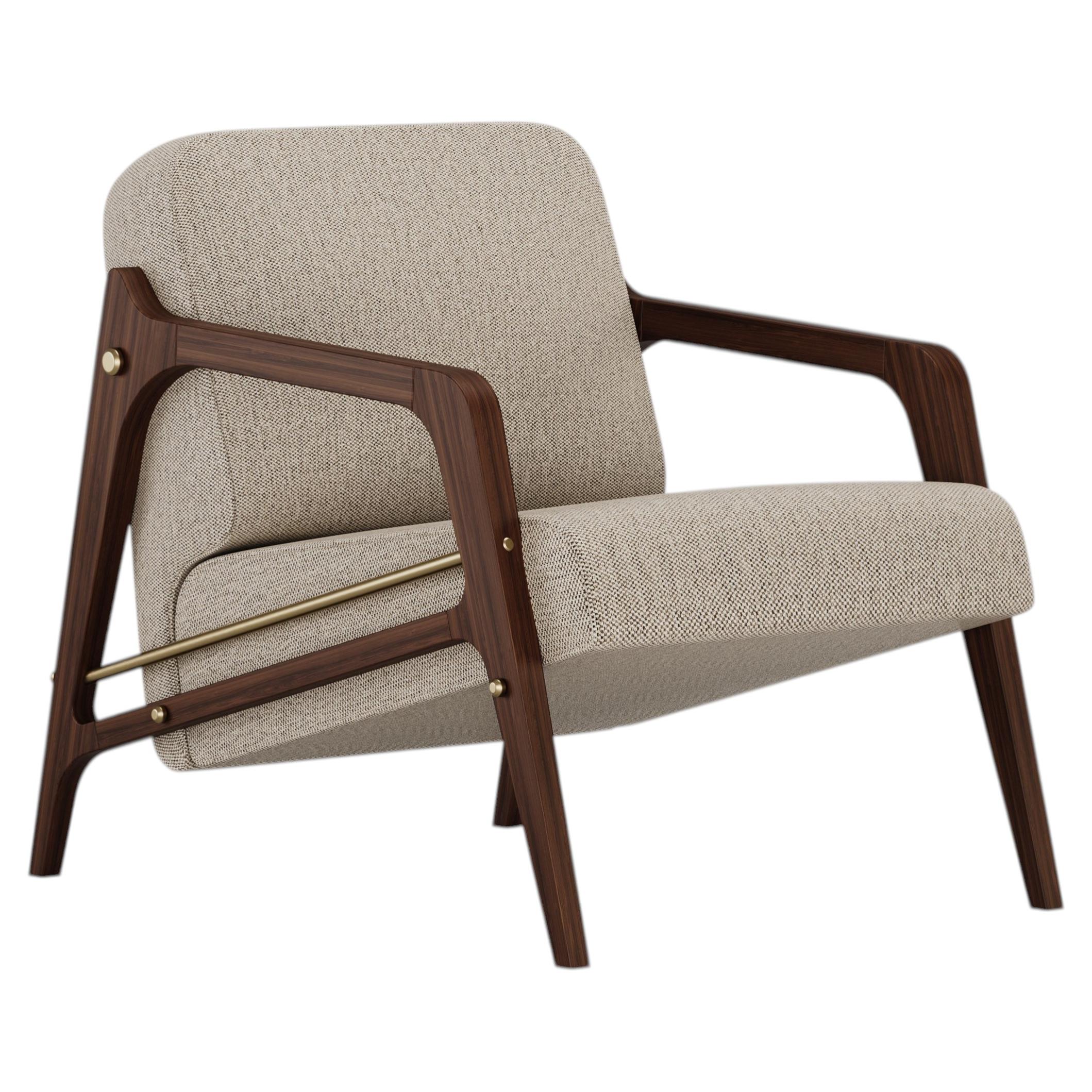 Vom Midcentury inspirierter Ticol-Sessel mit beigem Stoff und Gestell aus Nussbaumholz