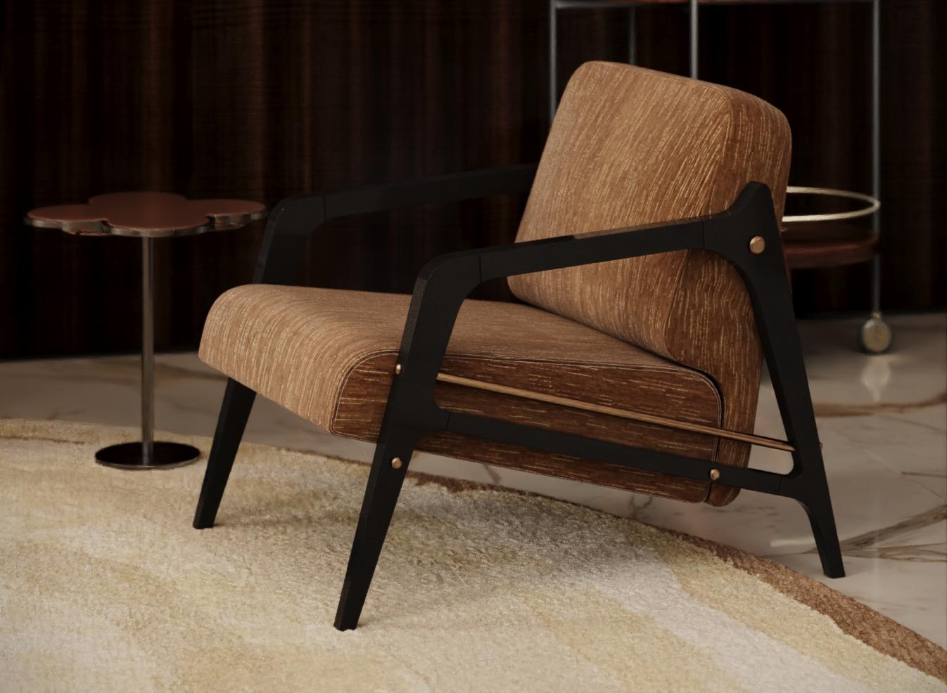 Ticol Armchair channels midcentury allure with contemporary finesse. Upholstered in vibrant orange fabric, it brings a bold yet inviting energy to any room. The black lacquered frame provides a striking contrast, highlighting the chair’s crisp lines