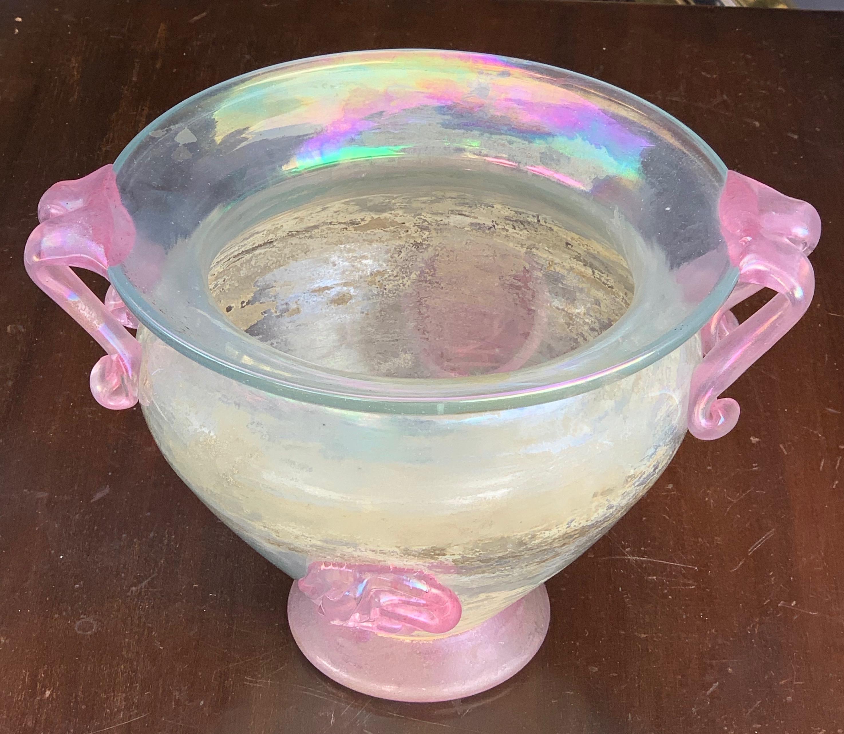 Fantastic iridescent pink vase with double handle in 