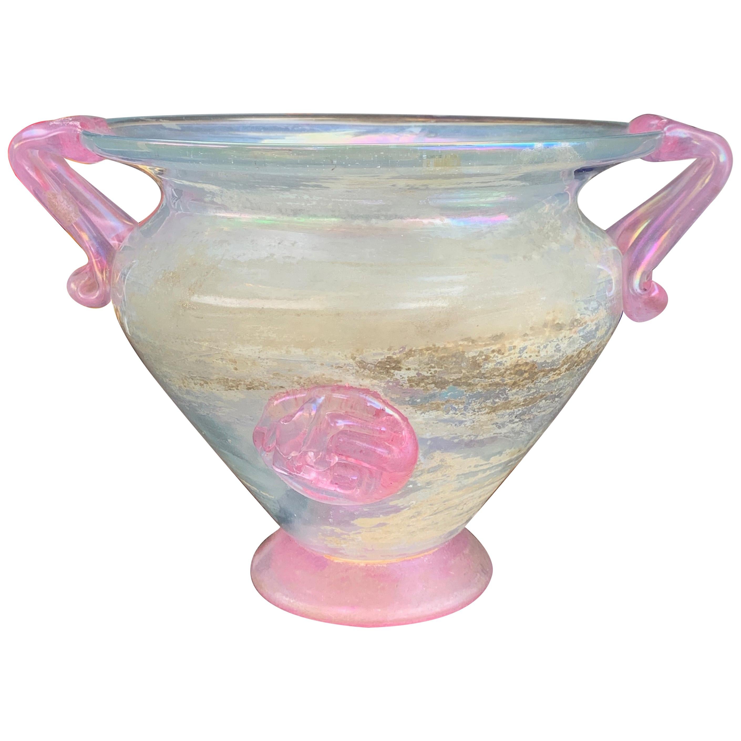 Midcentury Iridescent Pink "A Scavo" Murano Glass Italian Vase, 1930s For Sale