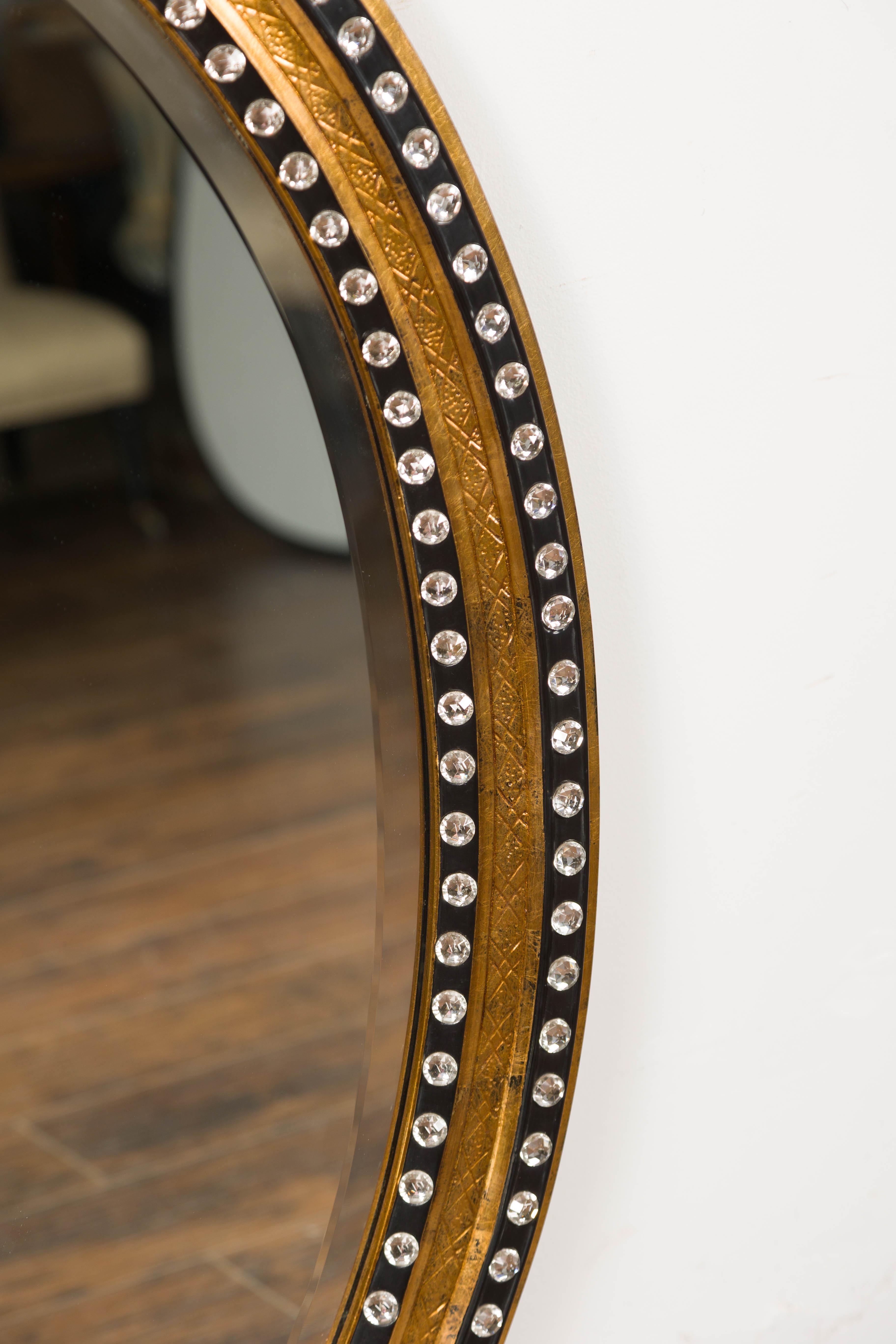 Midcentury Irish Oval Gold and Black Mirror with Diamanté Décor For Sale 3