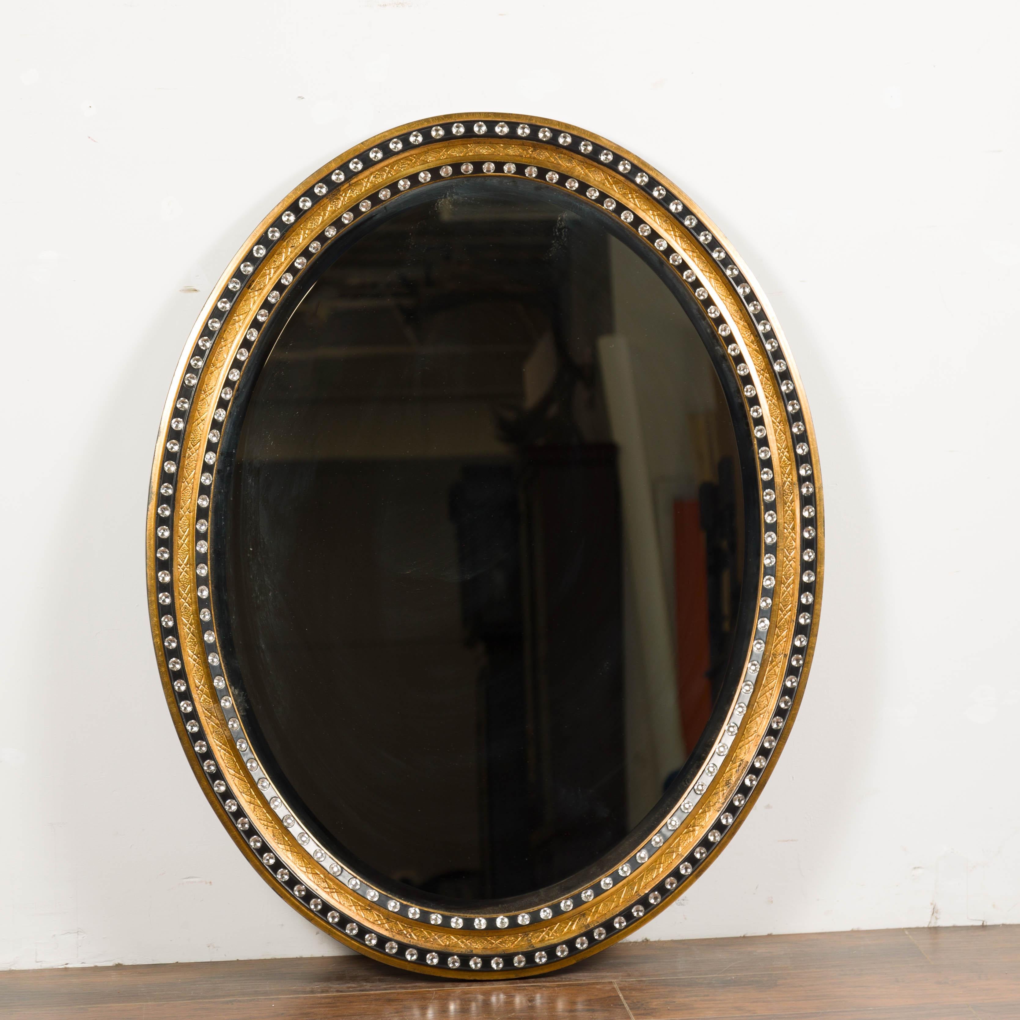 Midcentury Irish Oval Gold and Black Mirror with Diamanté Décor For Sale 5