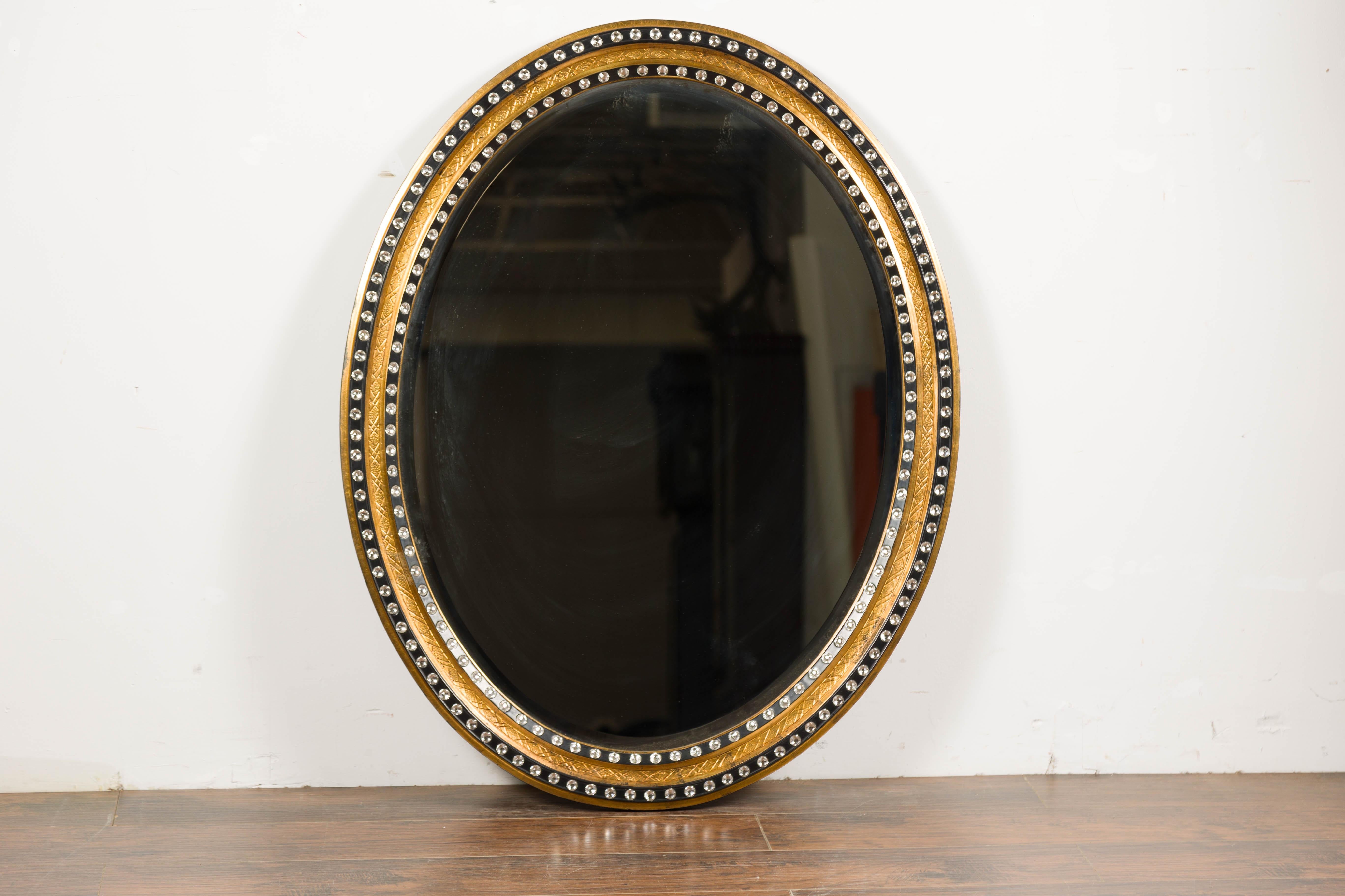 Midcentury Irish Oval Gold and Black Mirror with Diamanté Décor For Sale 6