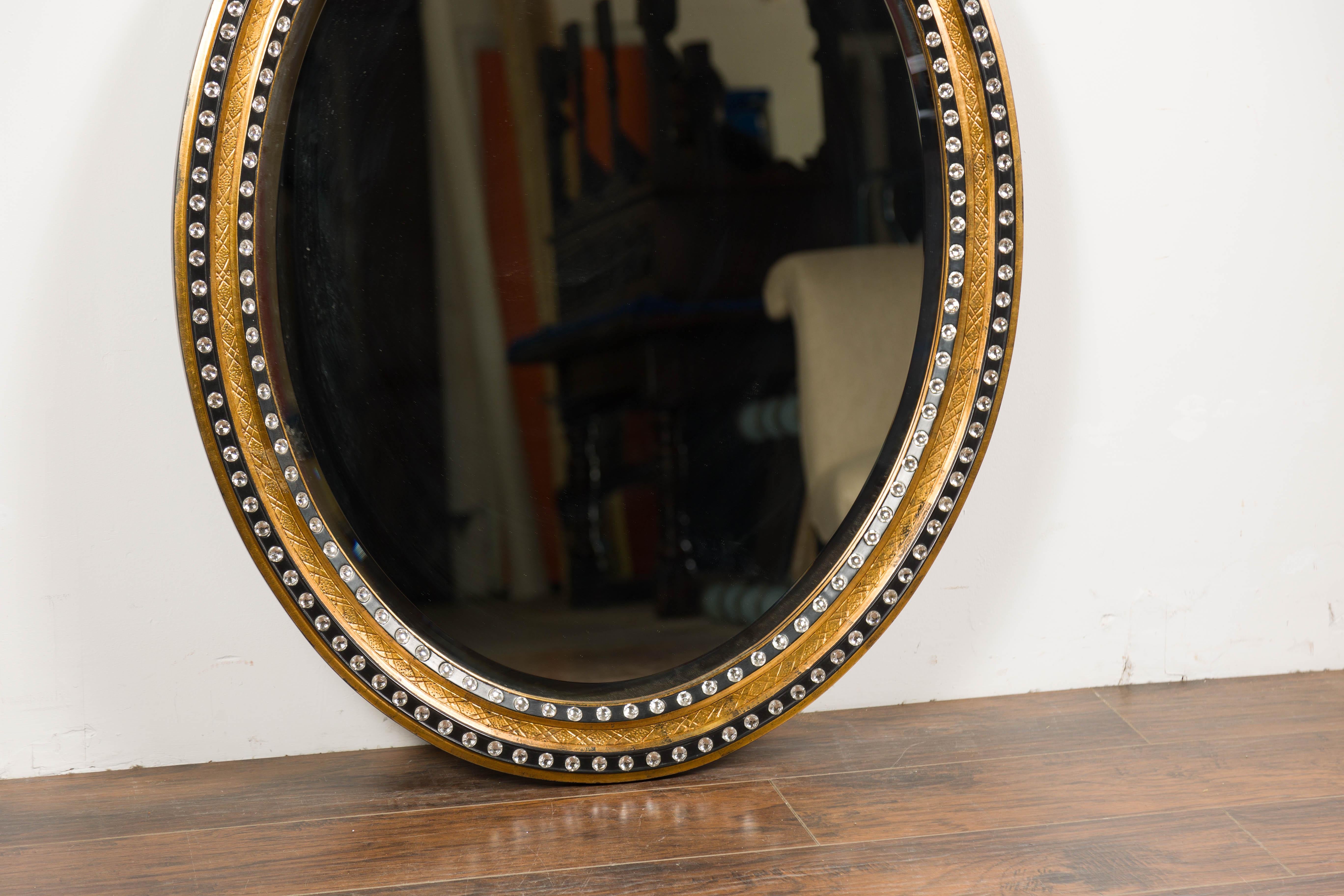 Ebonized Midcentury Irish Oval Gold and Black Mirror with Diamanté Décor For Sale