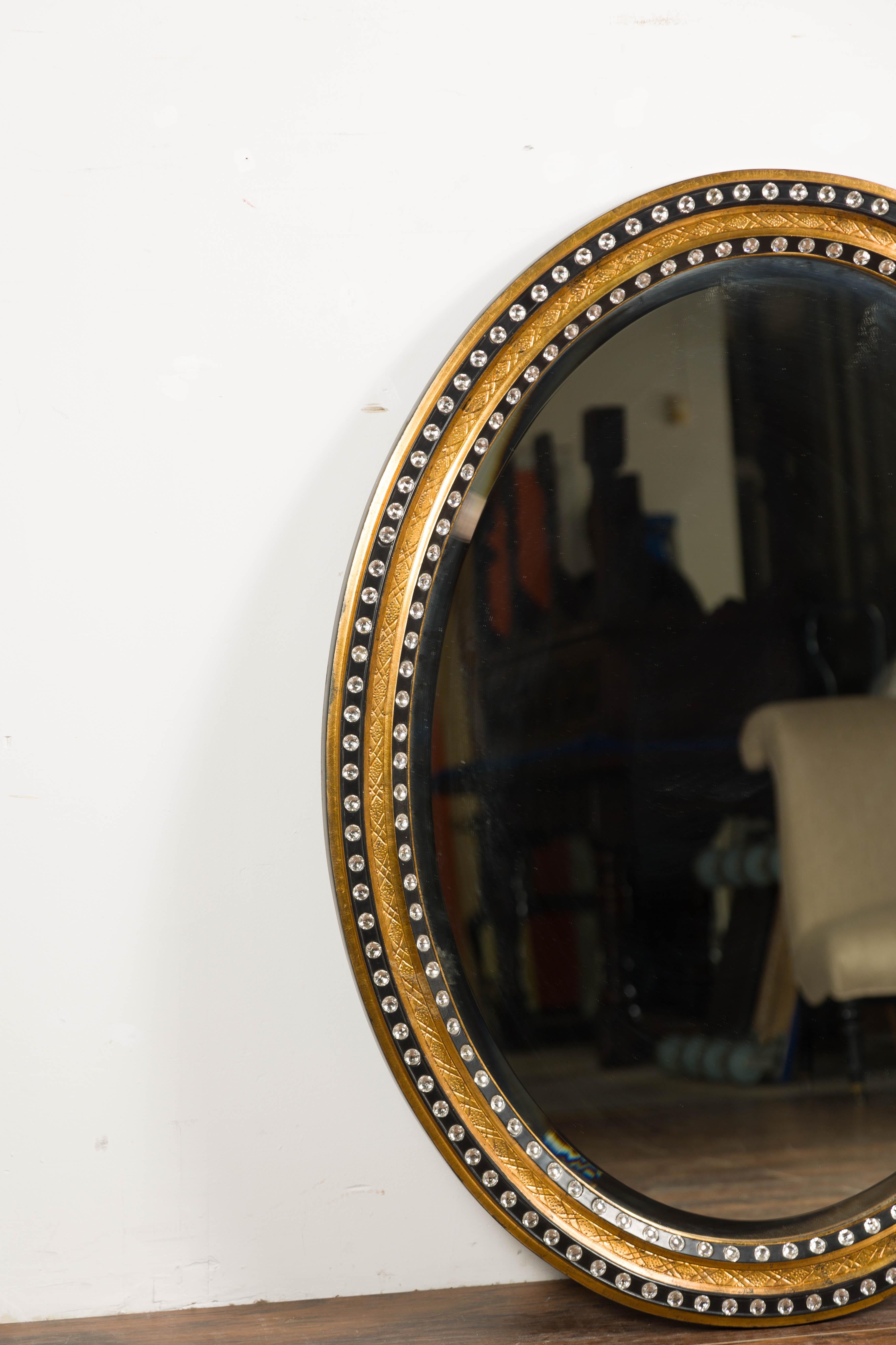 Midcentury Irish Oval Gold and Black Mirror with Diamanté Décor In Good Condition For Sale In Atlanta, GA