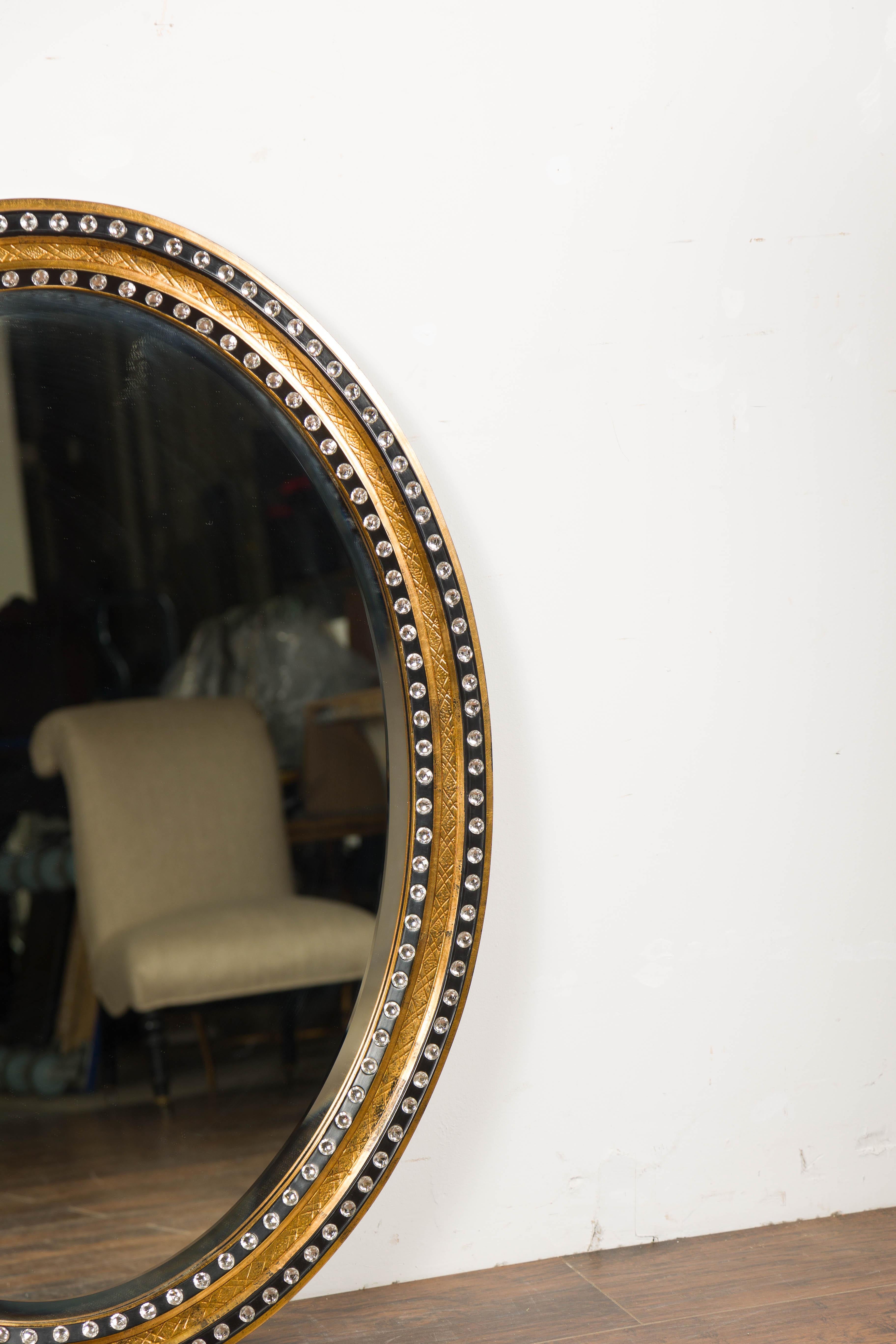 20th Century Midcentury Irish Oval Gold and Black Mirror with Diamanté Décor For Sale