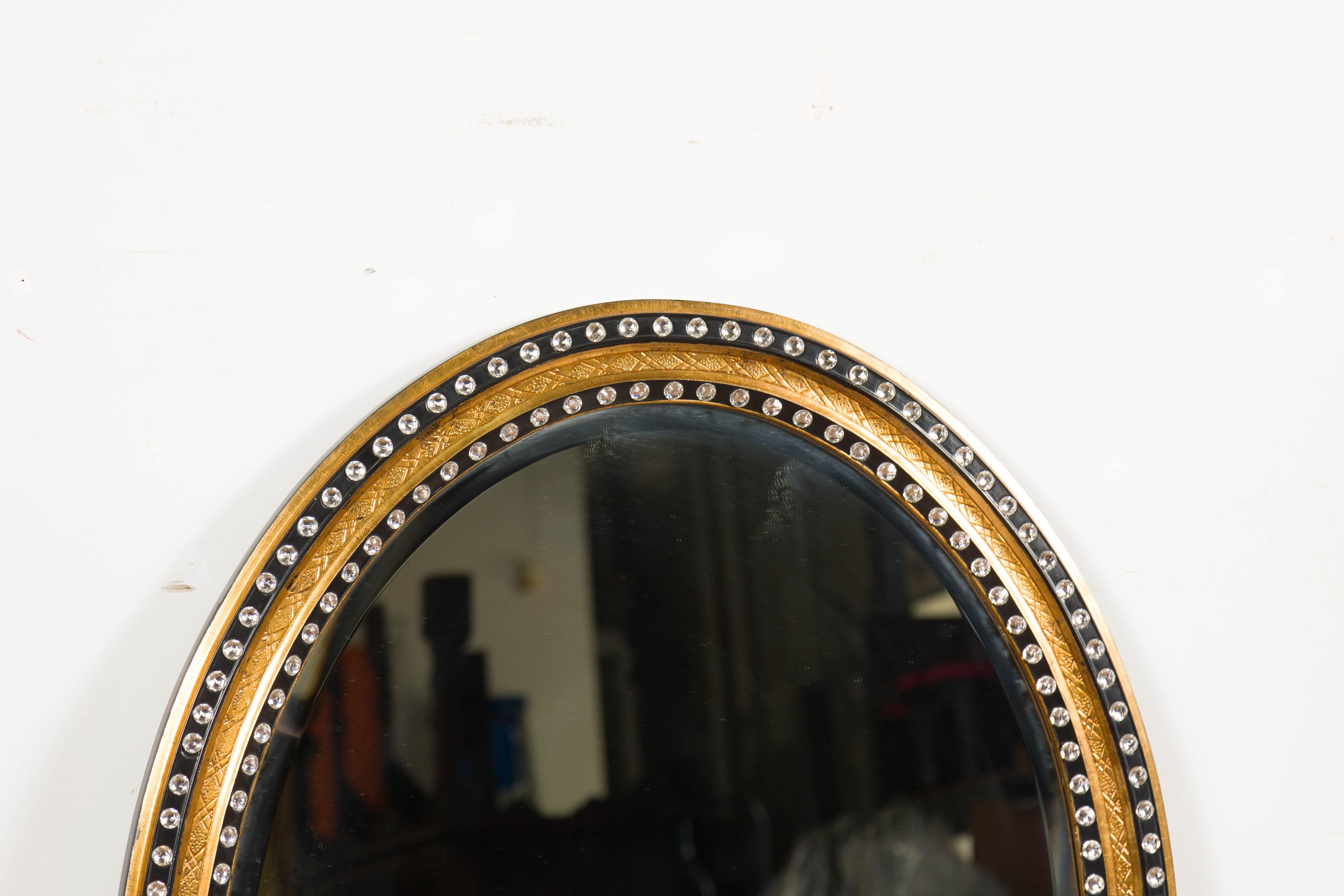 Wood Midcentury Irish Oval Gold and Black Mirror with Diamanté Décor For Sale