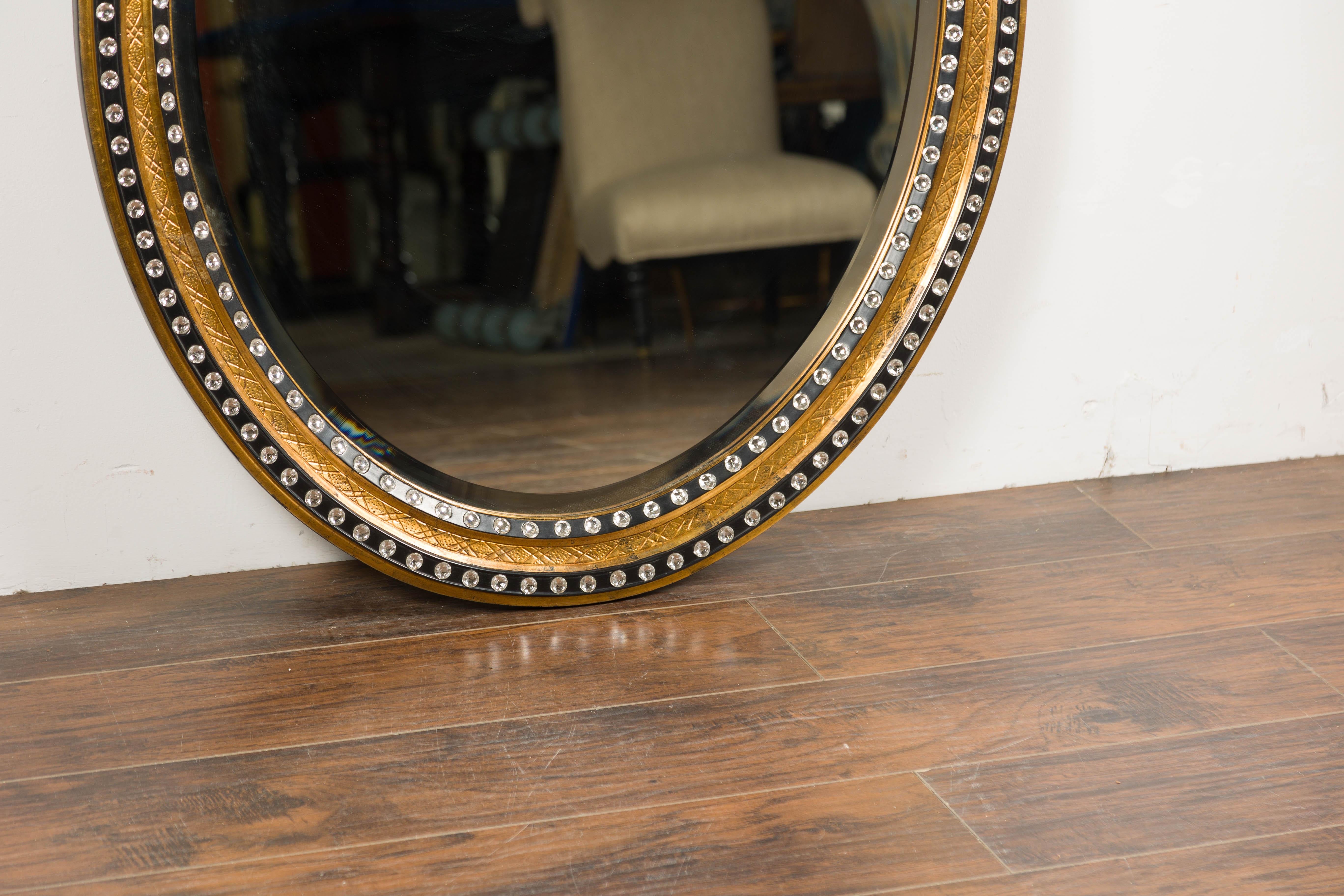 Midcentury Irish Oval Gold and Black Mirror with Diamanté Décor For Sale 1