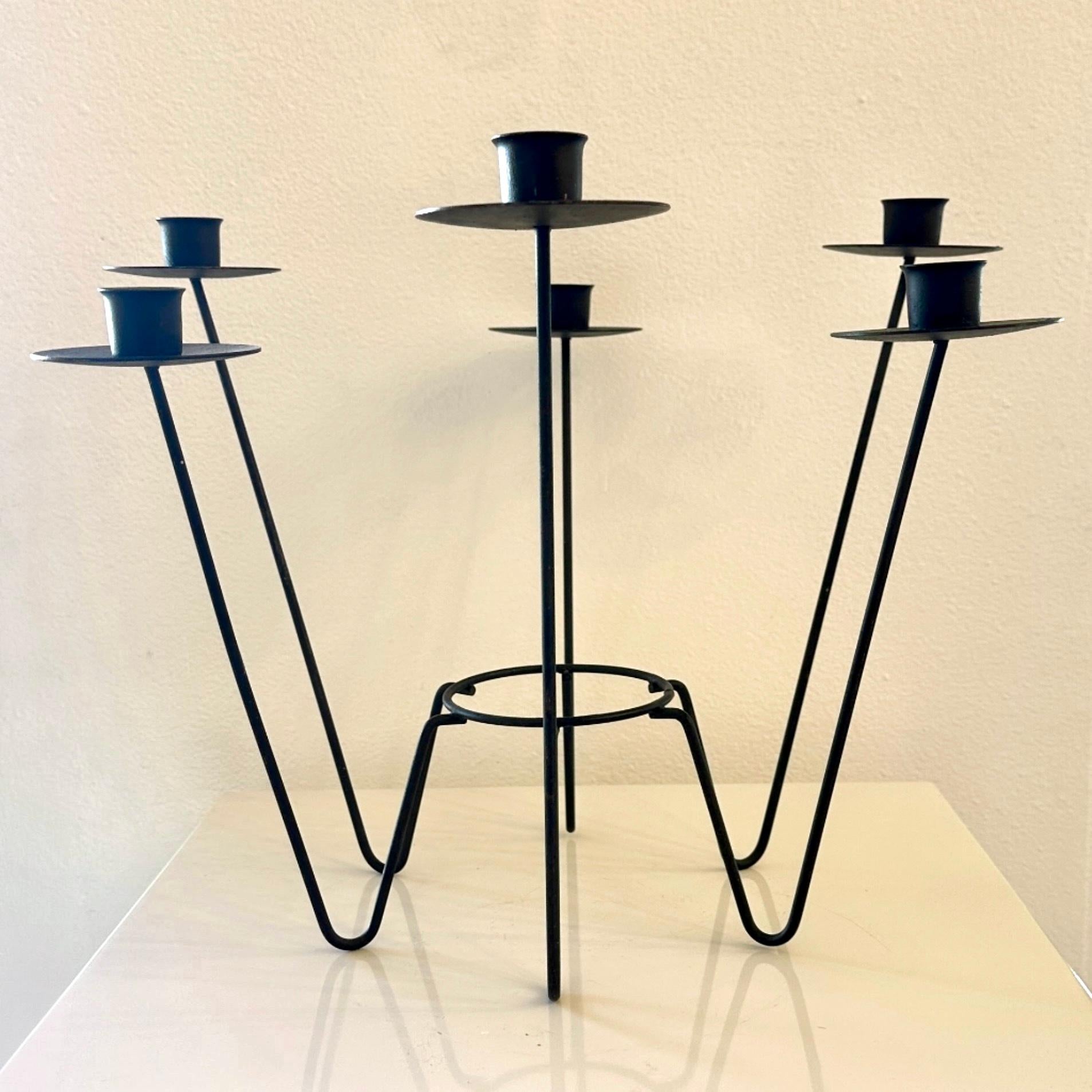 Midcentury Iron 6 Candle Candelabra, ca 1950s in the style of some of Van Keppel-Green's work in California in the 50s and 60s.

Composed of wrought iron rods bent and welded with six candle cups and bobeches to catch the candle wax.

Overall