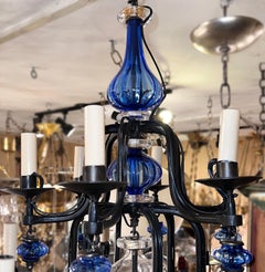 Midcentury Iron and Blue Glass Chandelier