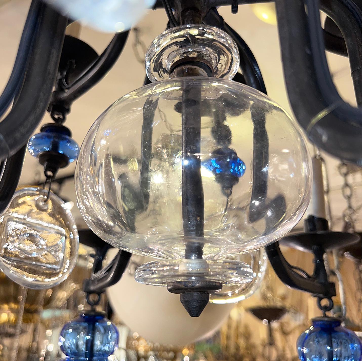 Midcentury Iron and Blue Glass Chandelier In Good Condition For Sale In New York, NY