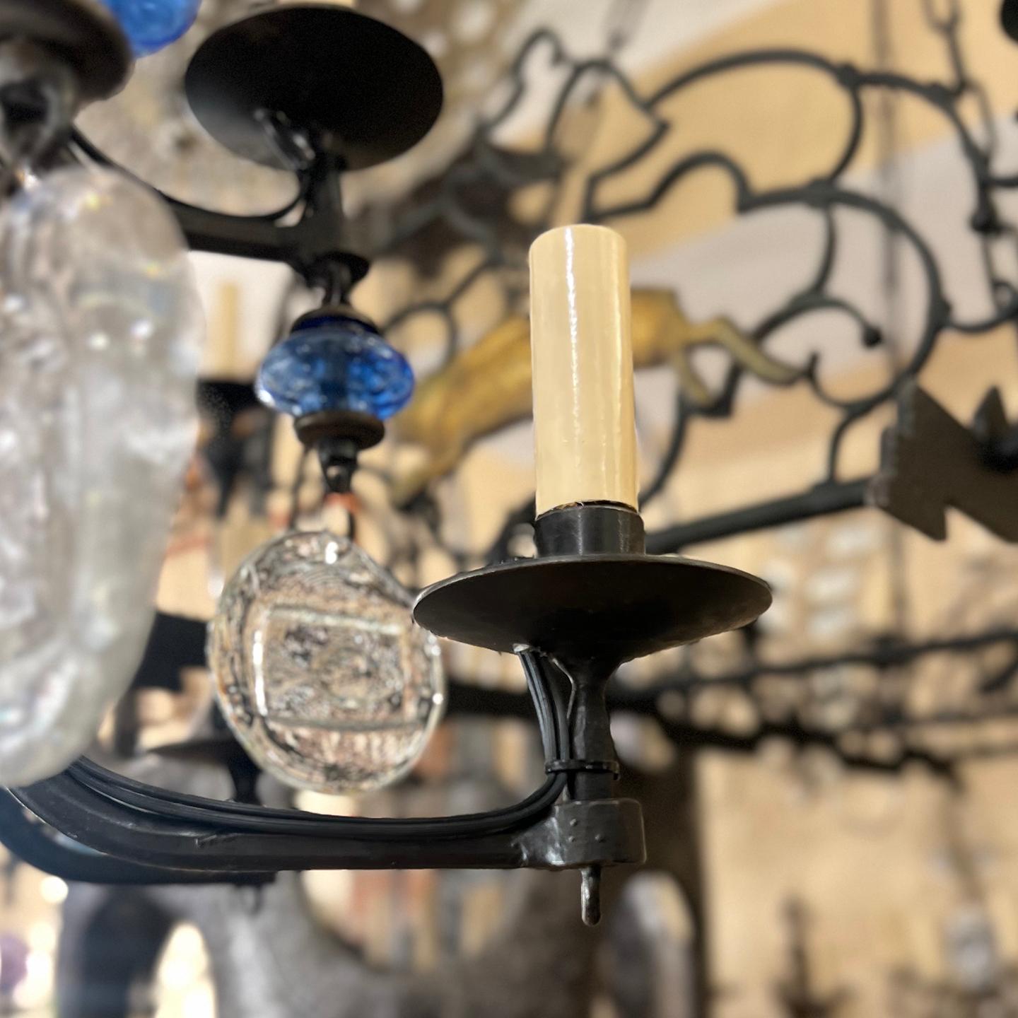 Cut Glass Midcentury Iron and Blue Glass Chandelier For Sale