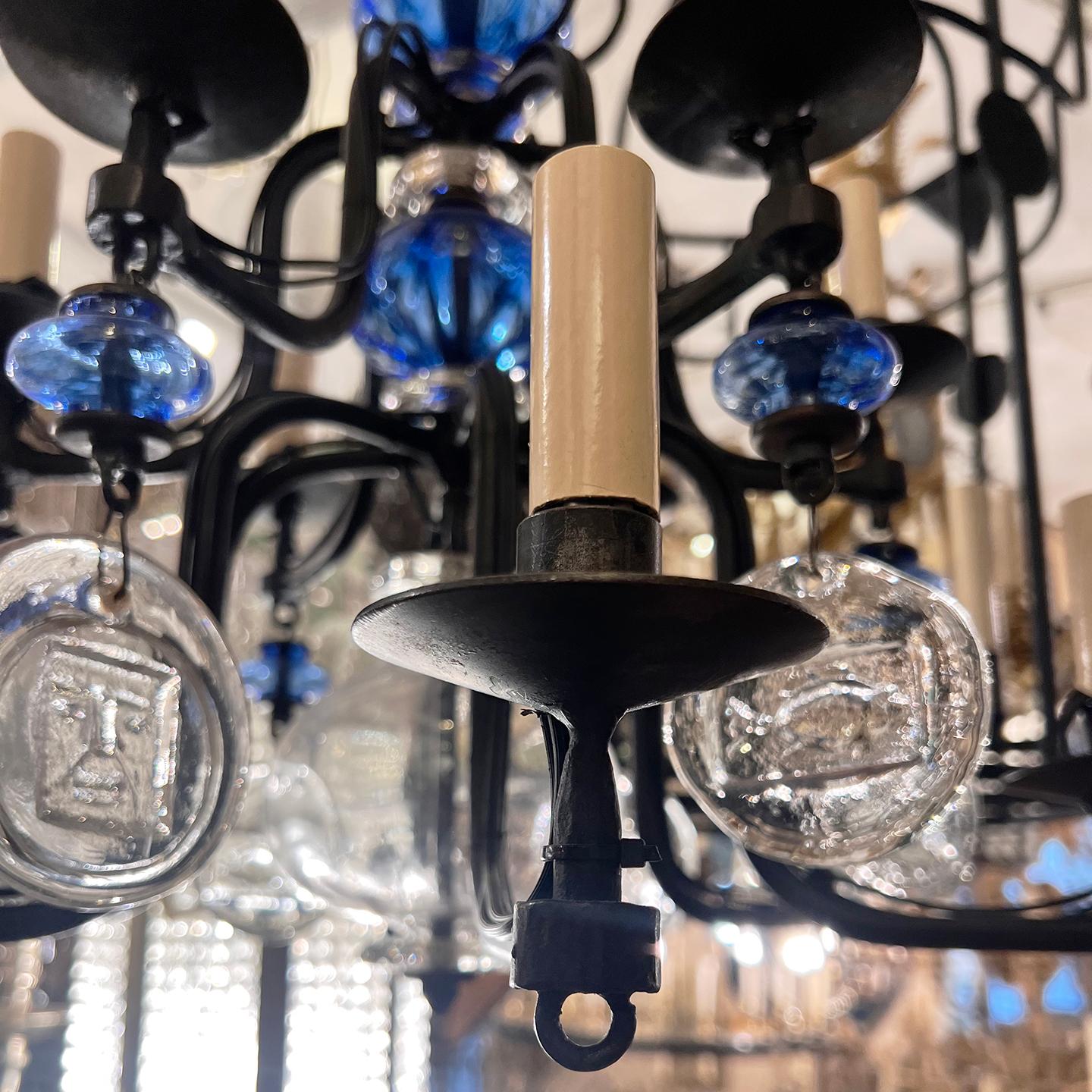 Midcentury Iron and Blue Glass Chandelier For Sale 2