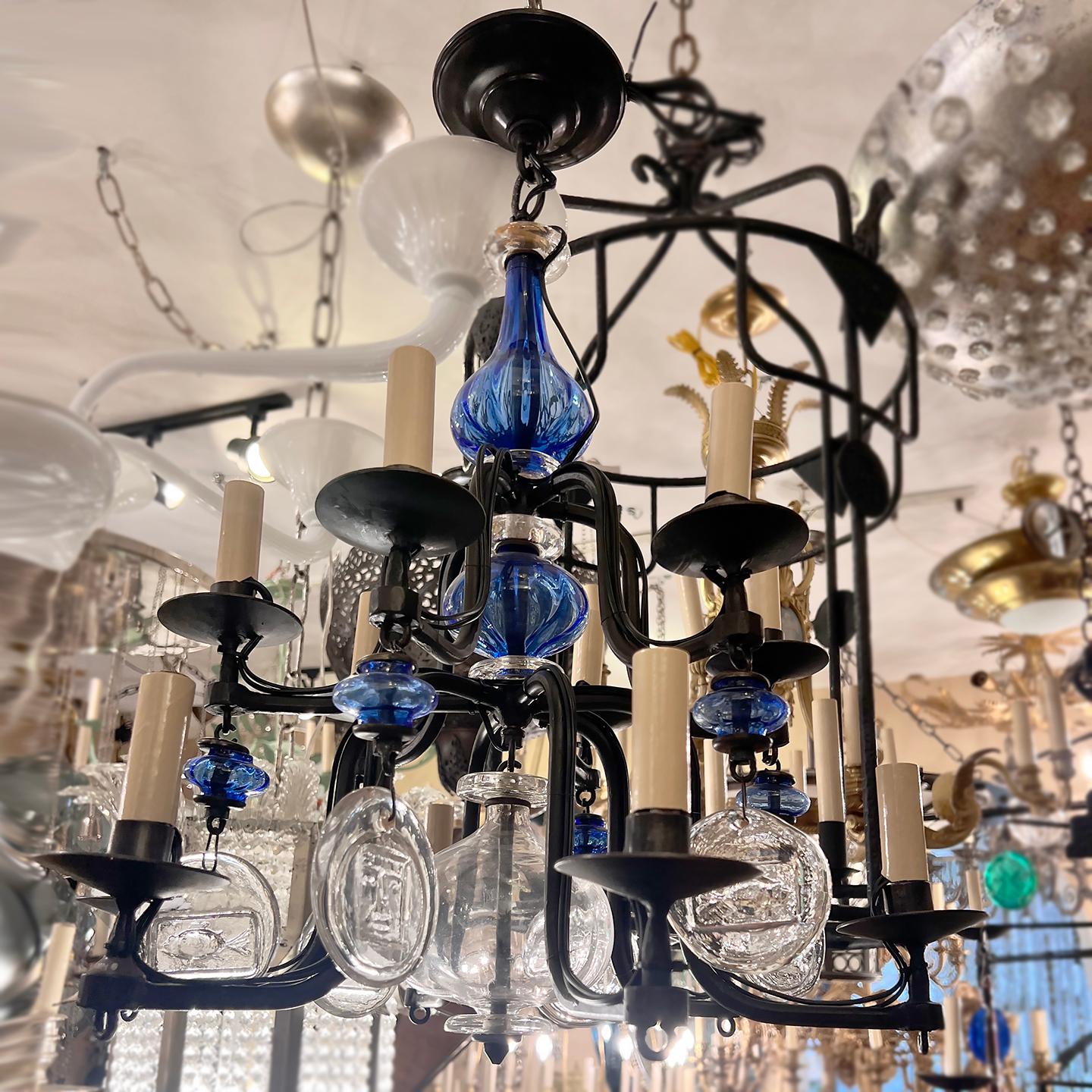 Midcentury Iron and Blue Glass Chandelier For Sale 3