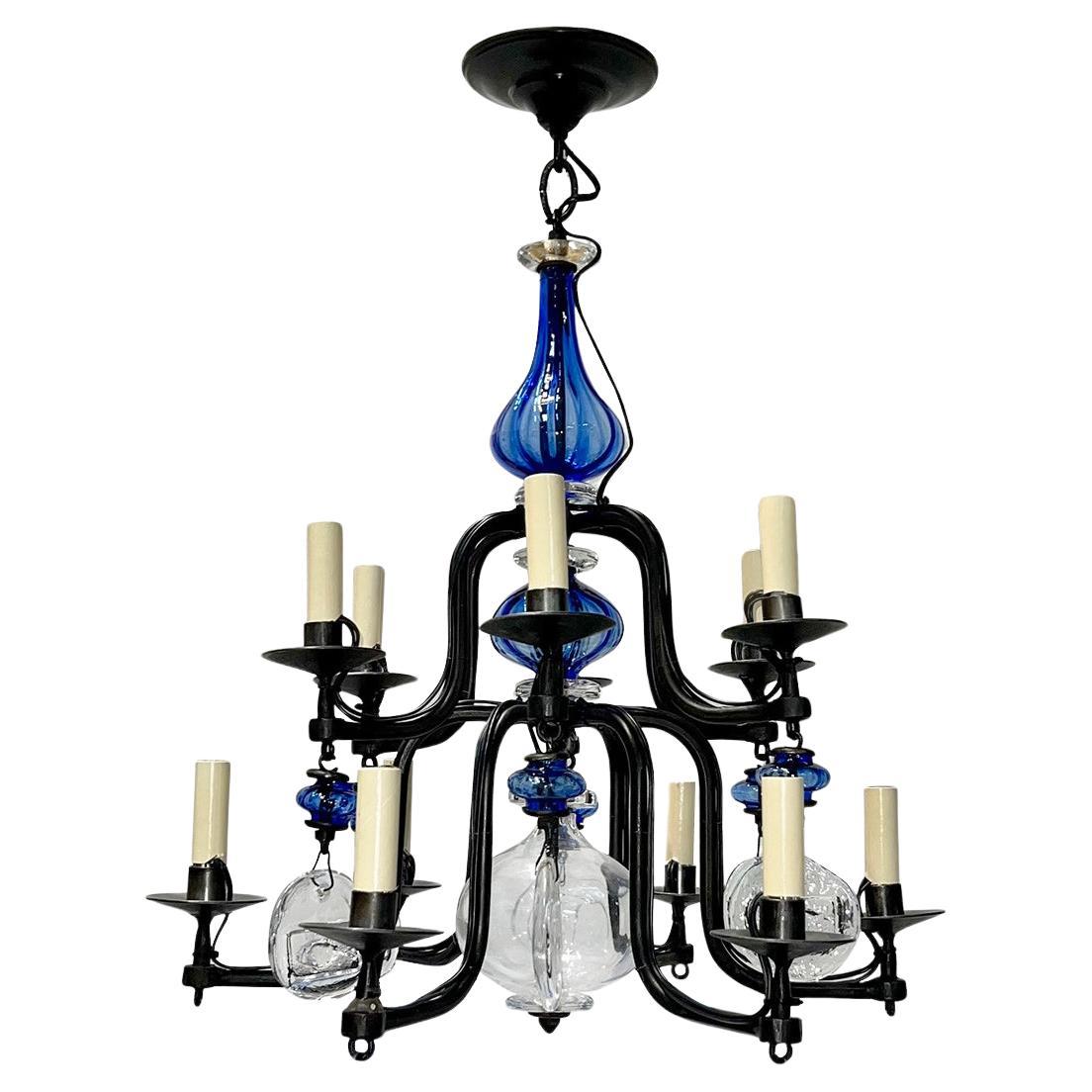 Midcentury Iron and Blue Glass Chandelier