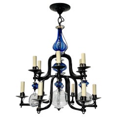 Retro Midcentury Iron and Blue Glass Chandelier