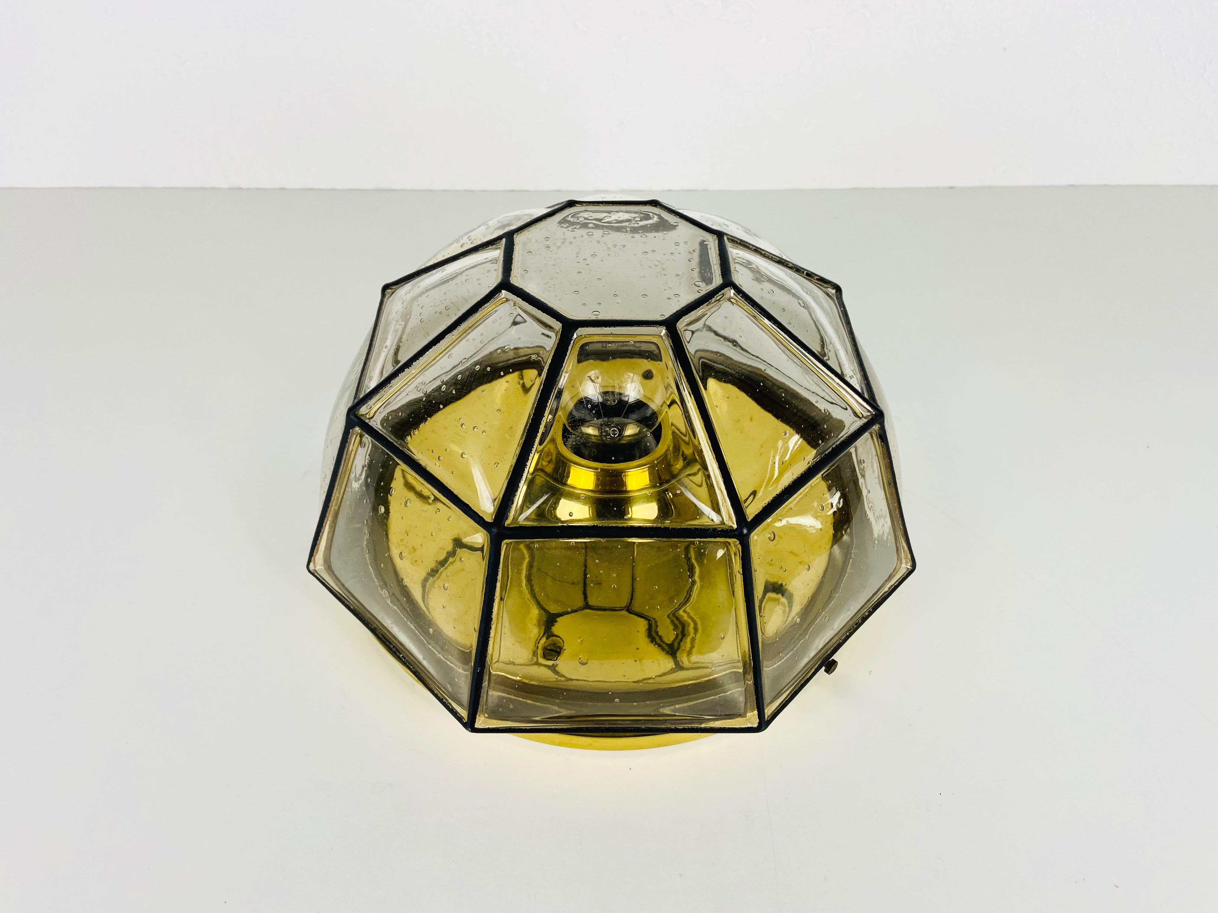 German Midcentury Iron and Bubble Glass Flush Mount by Glashütte Limburg, 1960s For Sale