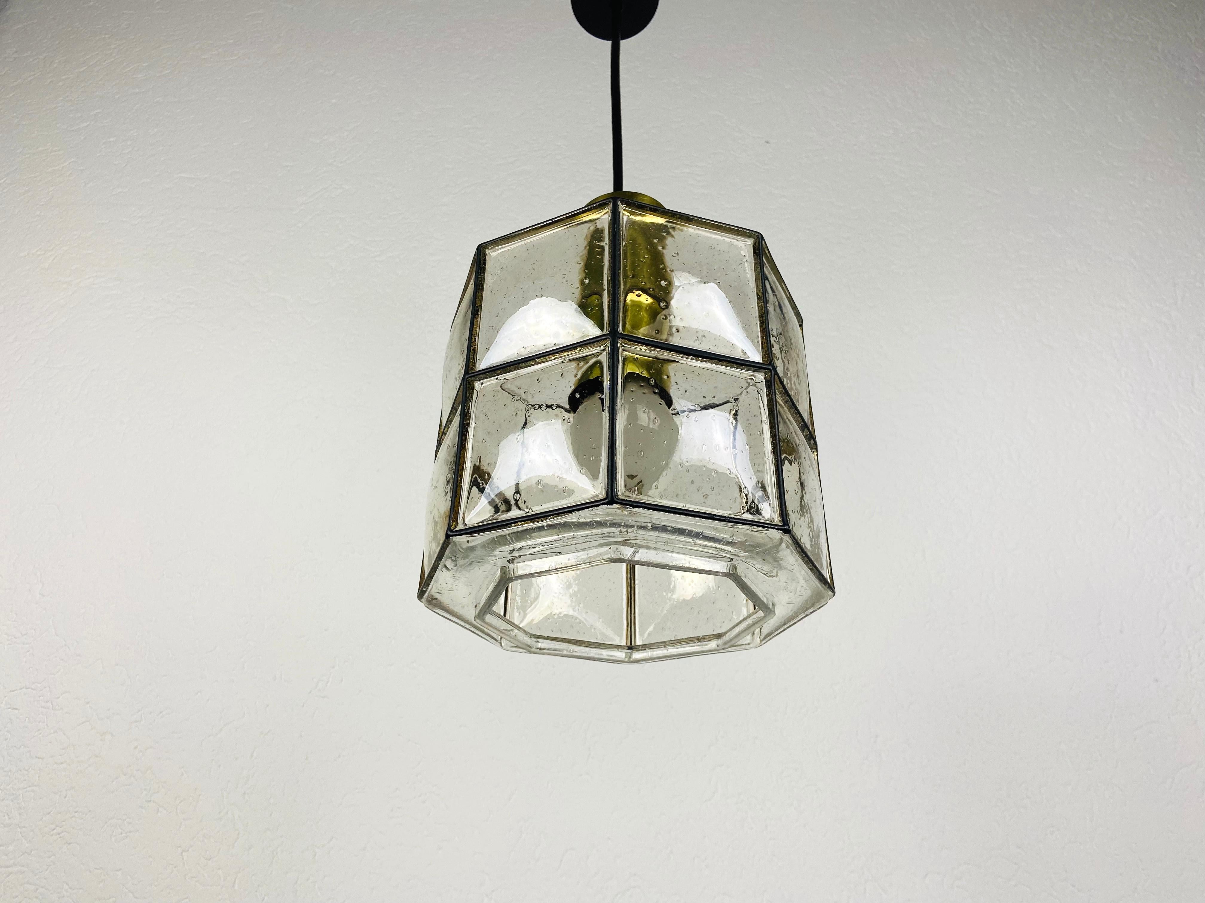 Midcentury Iron and Bubble Glass Pendant Lamp by Glashütte Limburg, 1960s For Sale 5
