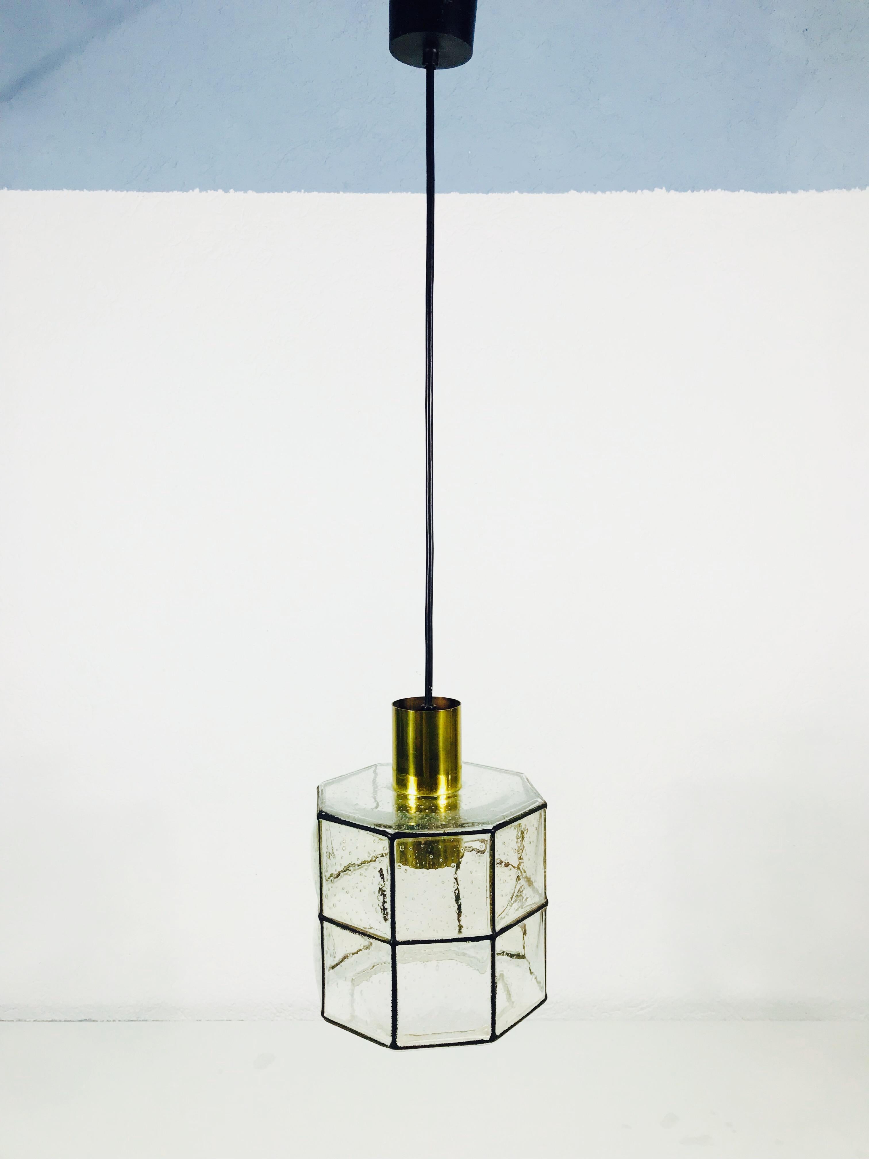 German Midcentury Iron and Bubble Glass Pendant Lamp by Glashütte Limburg, 1960s For Sale