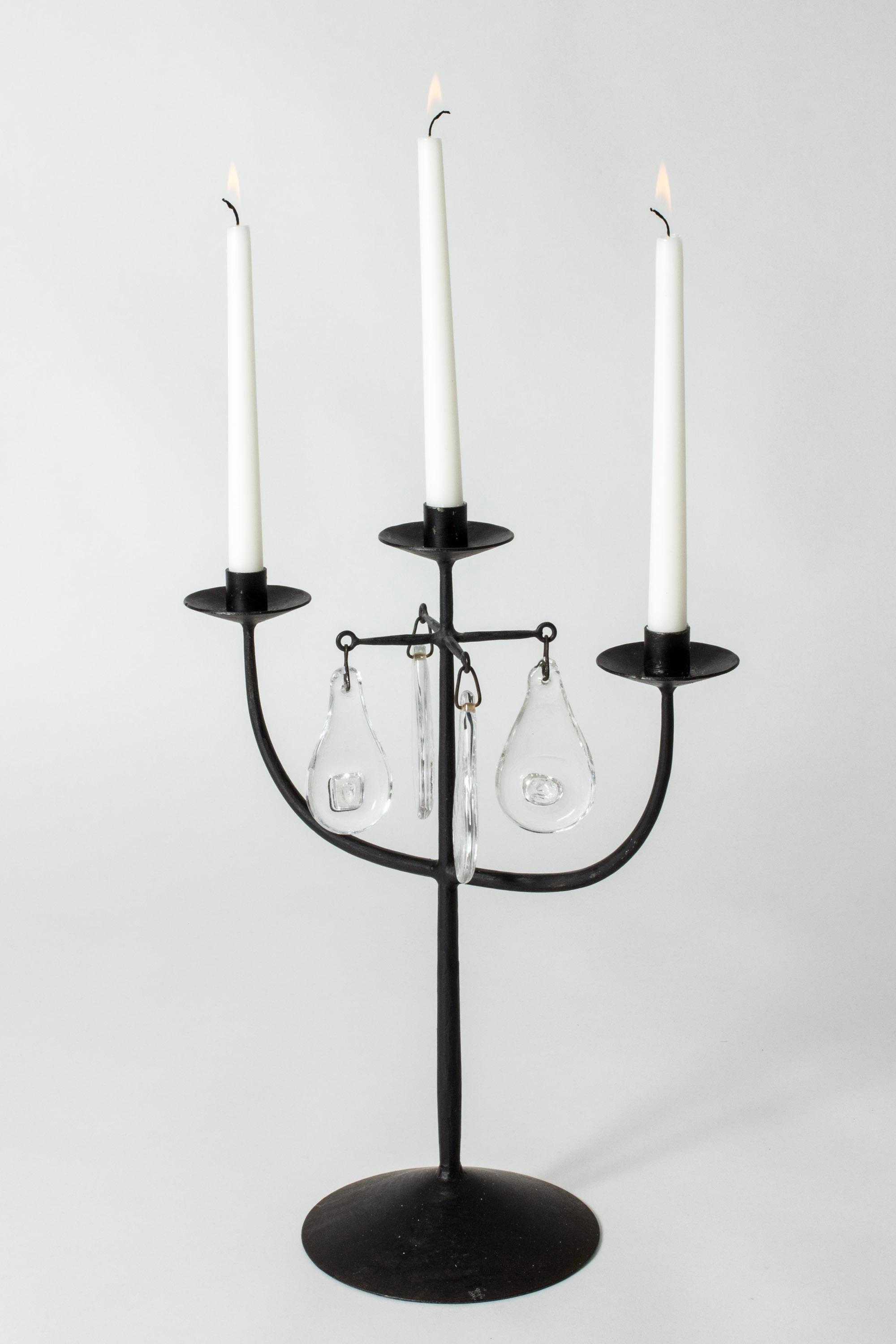 Swedish Midcentury Iron and Glass Candelabra by Erik Höglund, Boda Smide, Sweden, 1960s For Sale